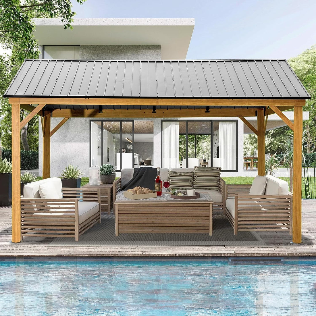 12' x 14' Hardtop Gazebo Outdoor Aluminum Gazebo with Galvanized Steel Gable Canopy for Patio Decks Backyard by Mazonvintage Outdoor Living (Wood Looking)