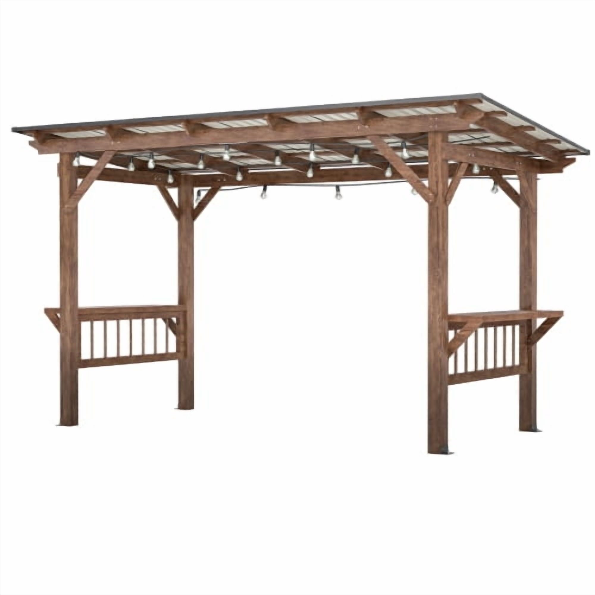 13' x 6.5' Wooden Grill Gazebo with Metal Roof, Bulbs & Bar Counters - Weather-Resistant BBQ Shelter