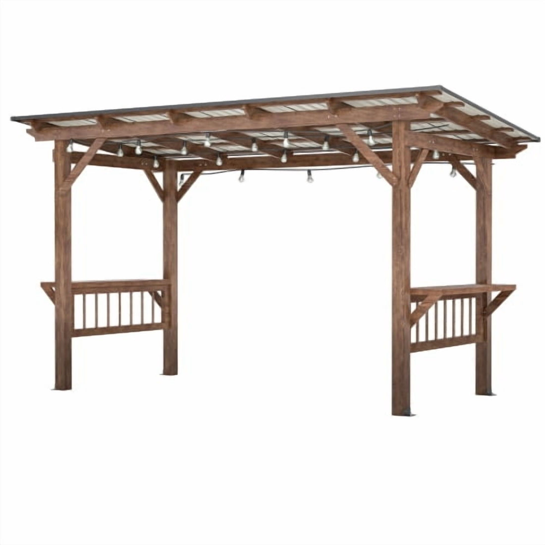 13' x 6.5' Wooden Grill Gazebo with Metal Roof, Bulbs & Bar Counters - Weather-Resistant BBQ Shelter