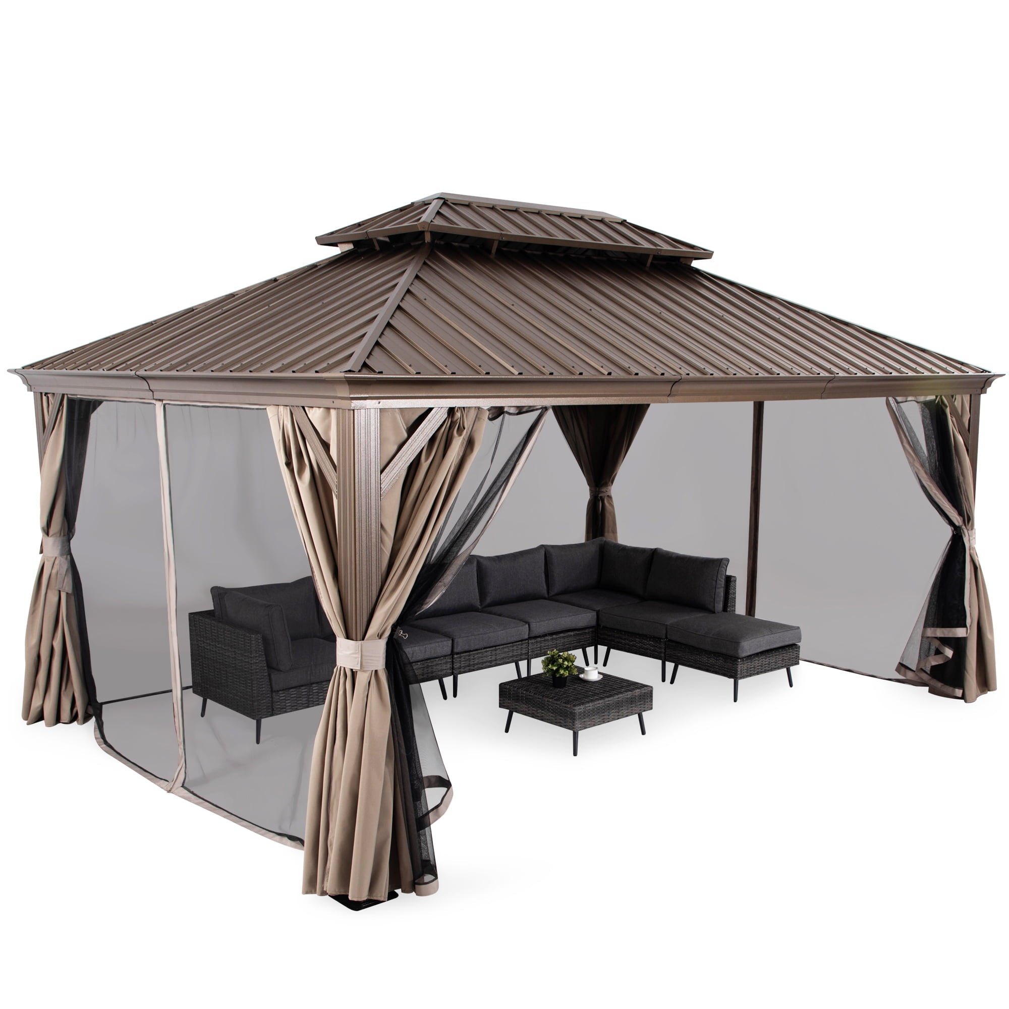 Mazonvintage HOME 12' x 16' Hardtop Patio Gazebo, 2-Tier Permanent Aluminum Hardtop with Mosquito Netting and Privacy Curtain, Brown