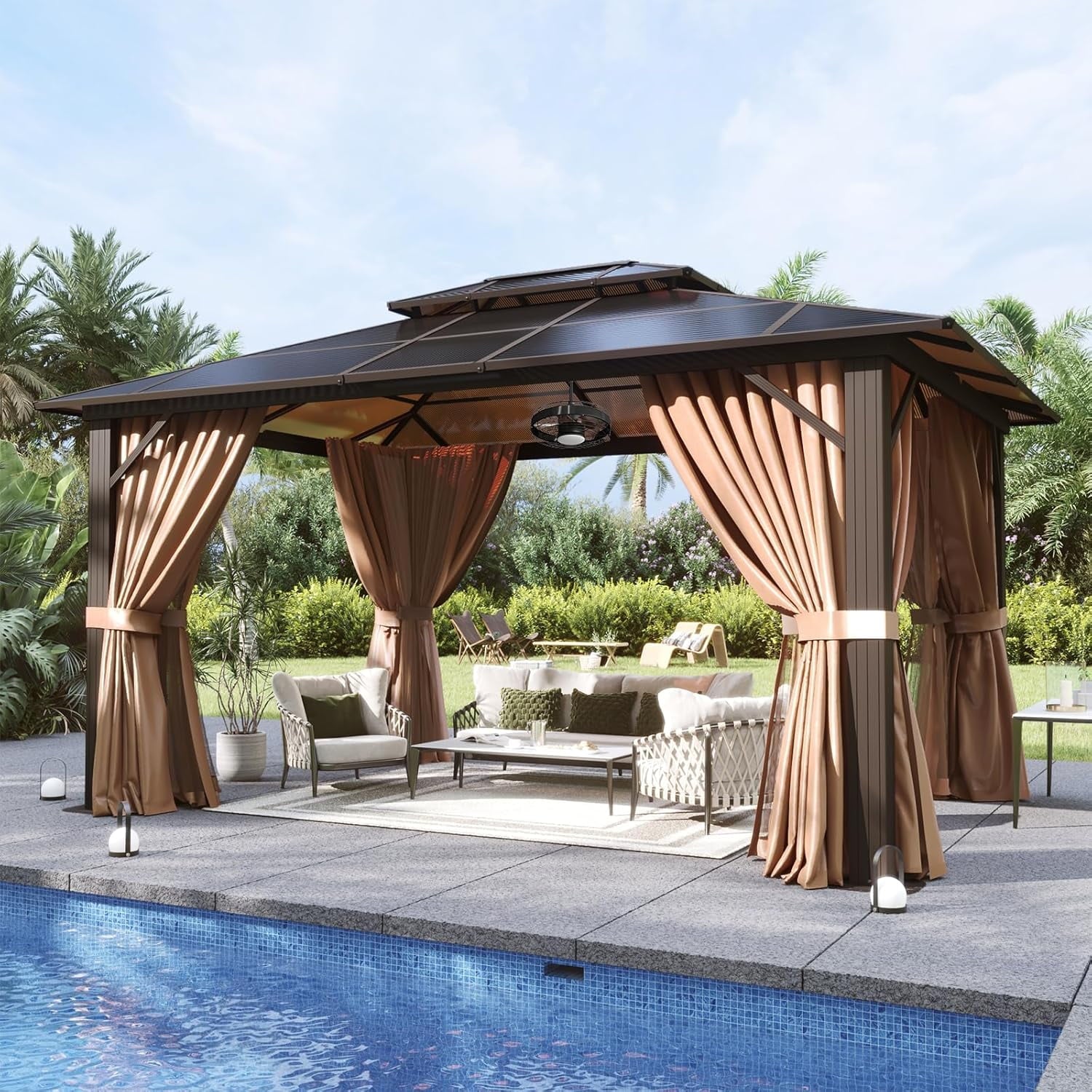 Mazonvintage 10'x12' Hardtop Gazebo, Aluminum Frame Permanent Pavilion, Outdoor Polycarbonate Gazebo, Double Roof Canopy, and 20” Outdoor Fan Lights