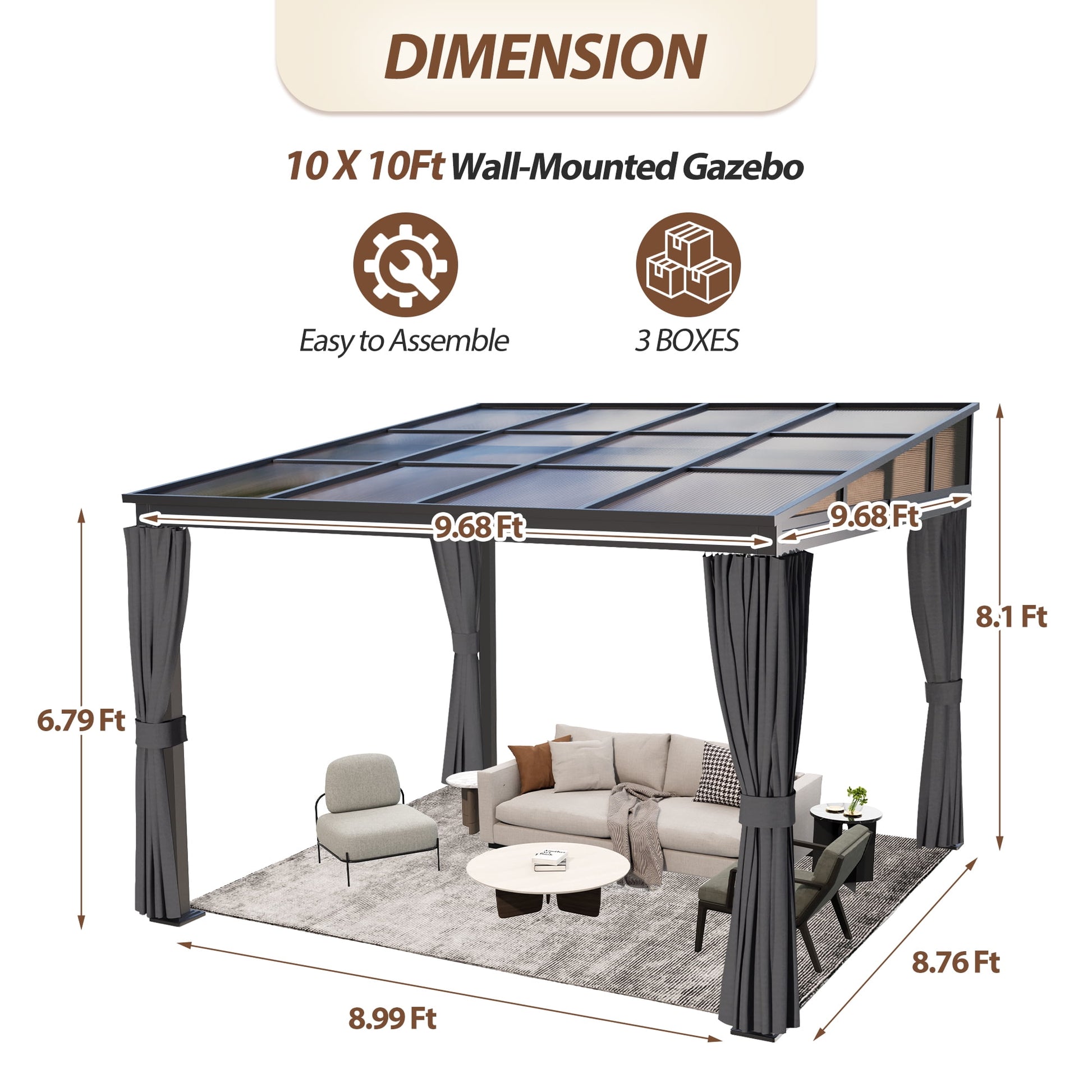 10'x 10' Wall Mounted Gazebo, Lean to Gazebo with Aluminum Frame, Polycarbonate Hardtop Gazebos Pergola with Sloping Roof for Outdoor, Mazonvintage, Patio