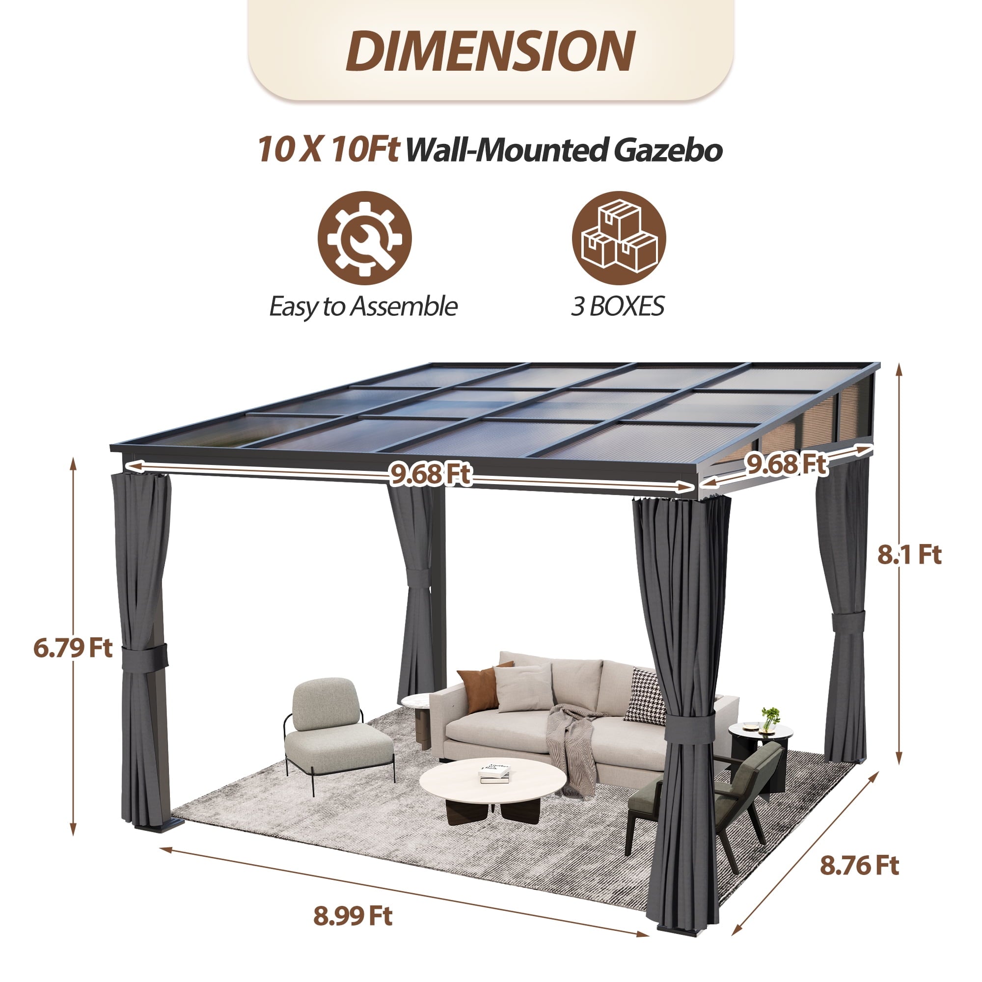 10'x 10' Wall Mounted Gazebo, Lean to Gazebo with Aluminum Frame, Polycarbonate Hardtop Gazebos Pergola with Sloping Roof for Outdoor, Mazonvintage, Patio