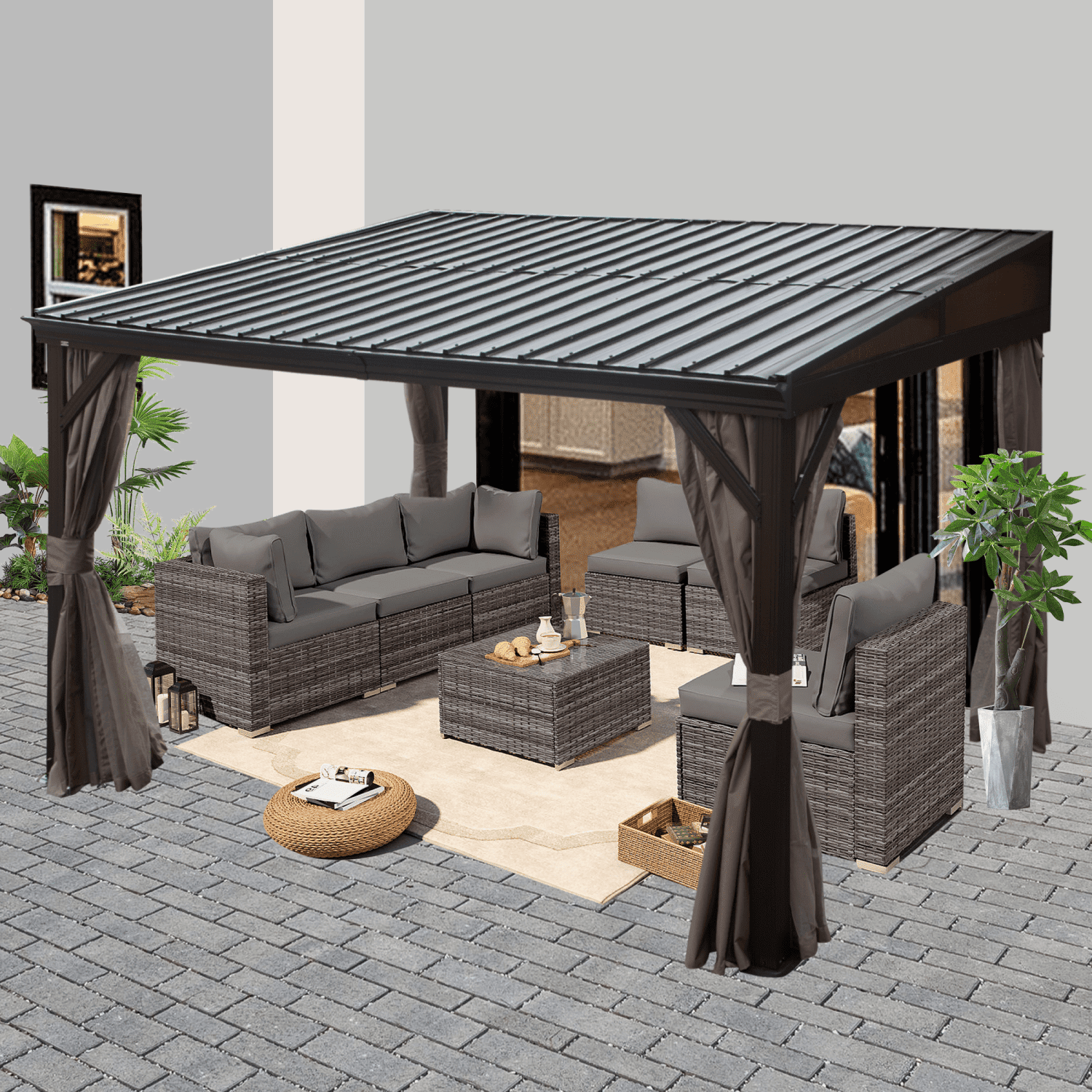 Mazonvintage Outdoor Living 8' x 12' Hardtop Lean-to Gazebo, Wall-Mounted with Galvanized Steel Roof Wall Pergola with Aluminum Frame, Curtains and Netting, for Patio, Deck, Garden, Backyard