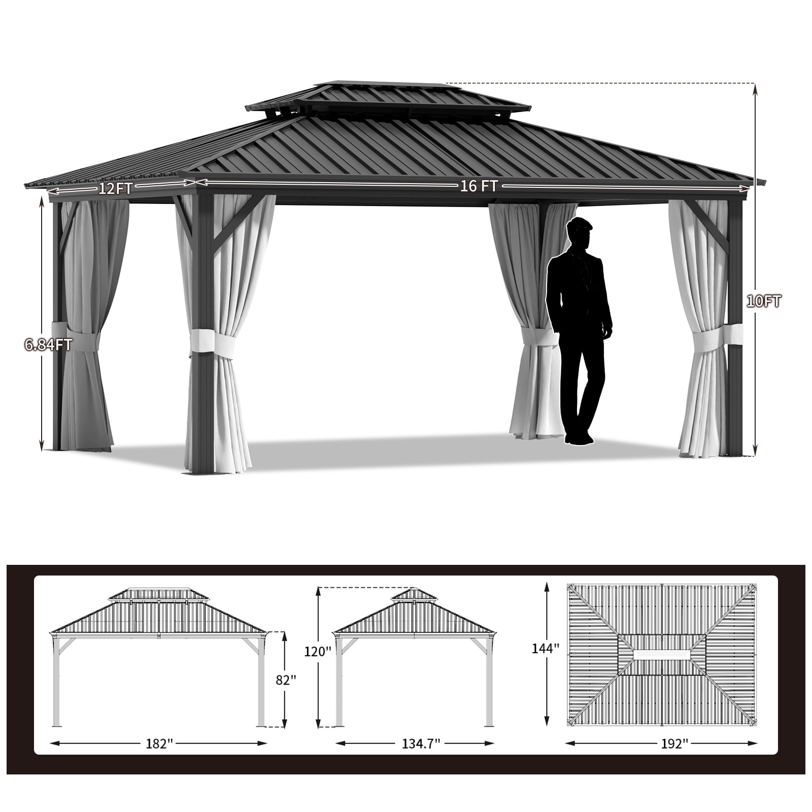 Mazonvintage 12'x16’Outdoor Hardtop Gazebo, Galvanized  Double Roof Aluminum Pavilion with Netting and Curtains for Garden, Patio, Lawns, Gray
