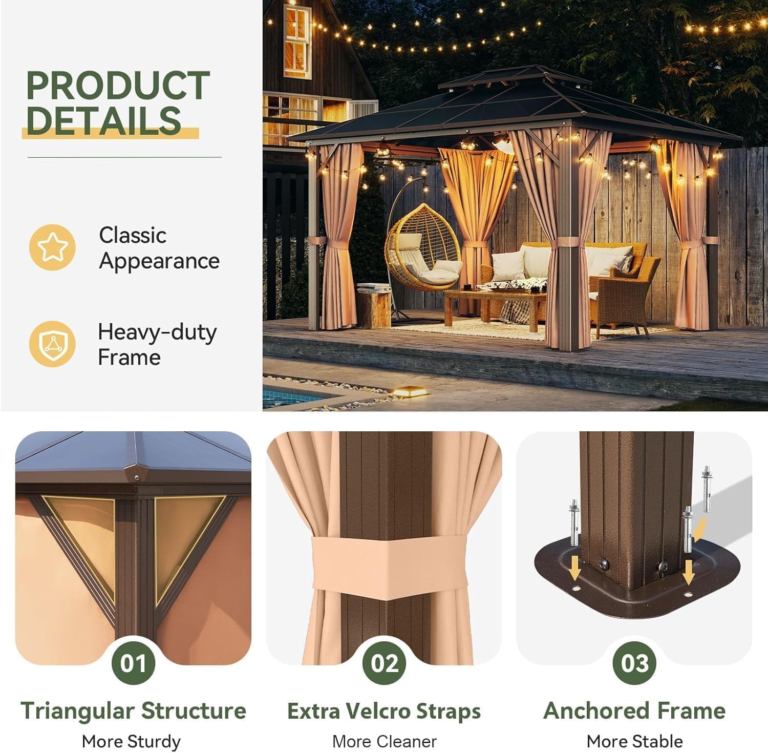 Mazonvintage 10'x12' Hardtop Gazebo, Aluminum Frame Permanent Pavilion, Outdoor Polycarbonate Gazebo, Double Roof Canopy, and 20” Outdoor Fan Lights