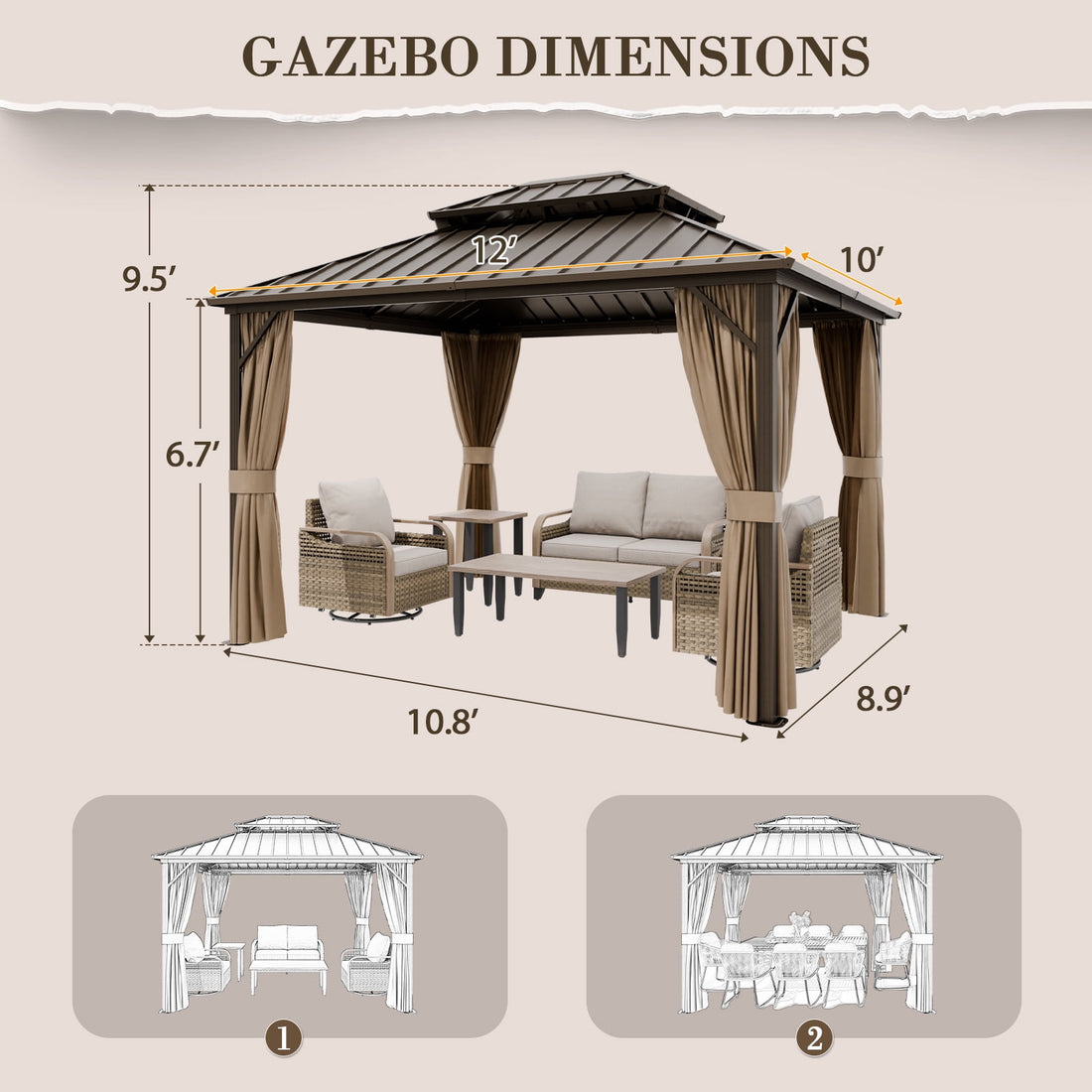 Mazonvintage PEAK 10'x 12' Outdoor Patio Hardtop Gazebo with Aluminum Frame, Galvanized Steel Double Roof with Netting and Curtains for Garden, Yard, Lawns, Brown