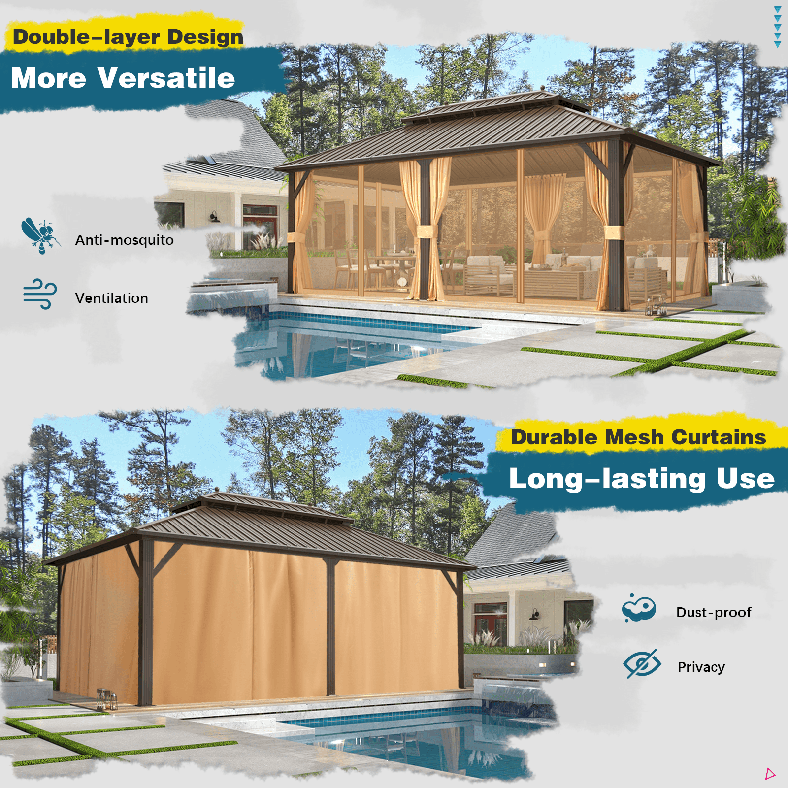 Mazonvintage 12' x 20' Mazonvintage Gazebo Aluminum Frame Gazebo with Galvanized Steel Double Roof