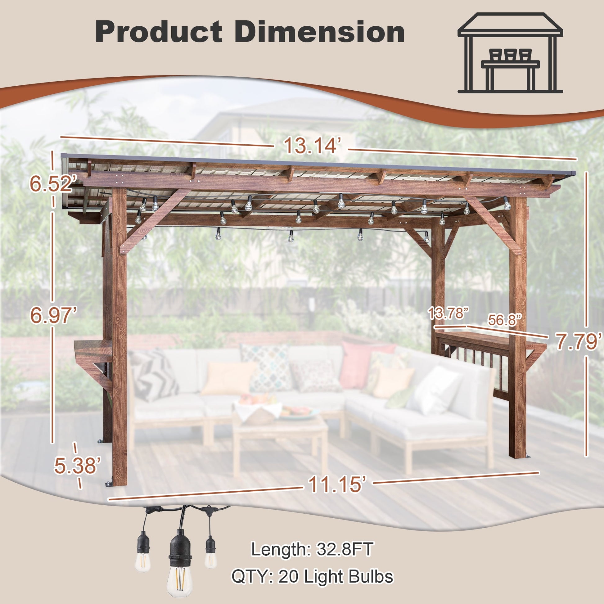 13' x 6.5' Wooden Grill Gazebo with Metal Roof, Bulbs & Bar Counters - Weather-Resistant BBQ Shelter
