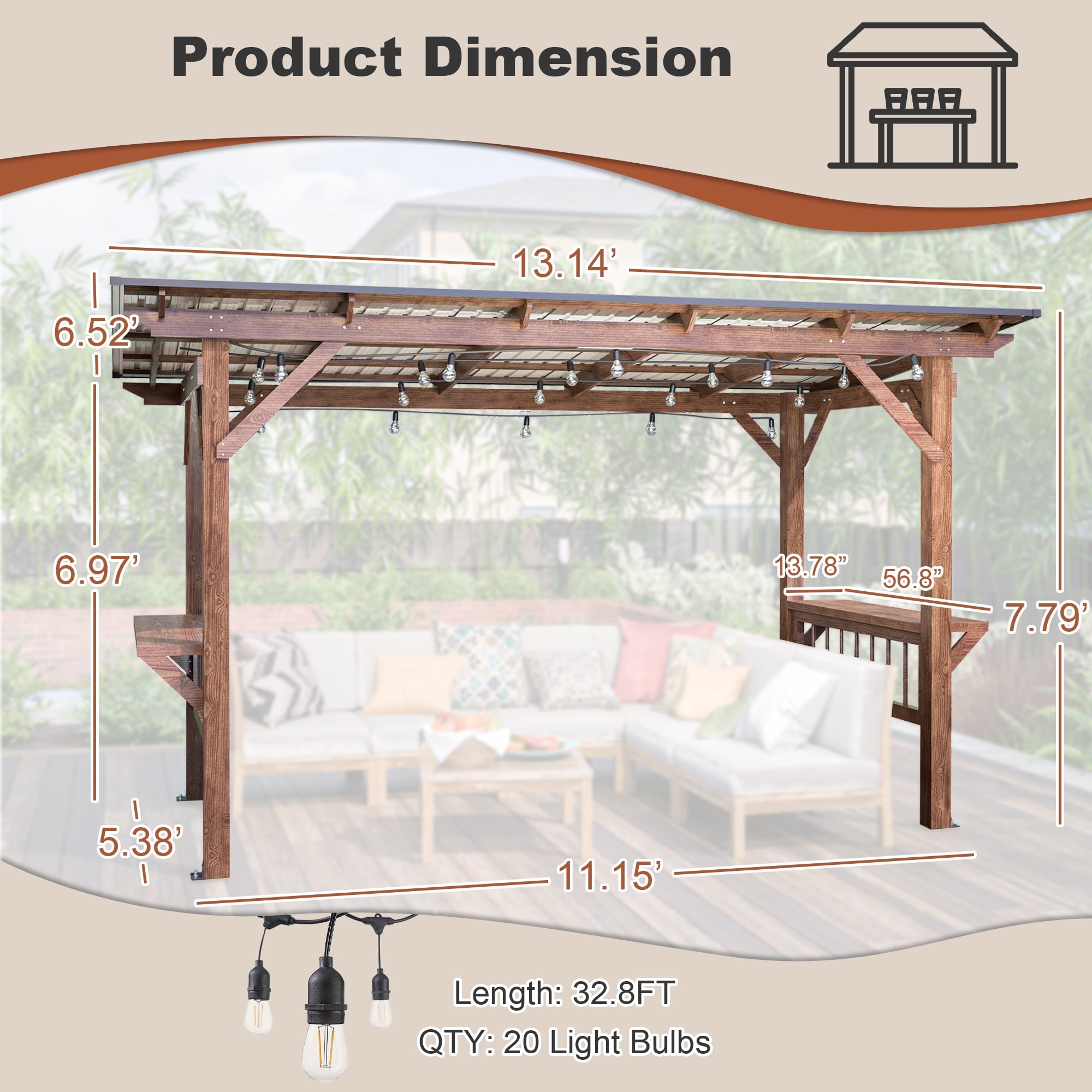 13' x 6.5' Wooden Grill Gazebo with Metal Roof, Bulbs & Bar Counters - Weather-Resistant BBQ Shelter