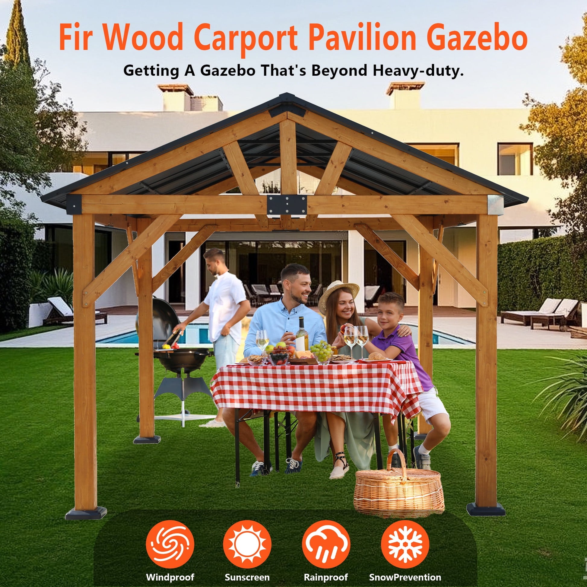 Mazonvintage Fir Wood Carport Pavilion All Weather Mazonvintage Galvanized Steel Roof Heavy Duty Gazebo Backyard Patio Garden Shelter