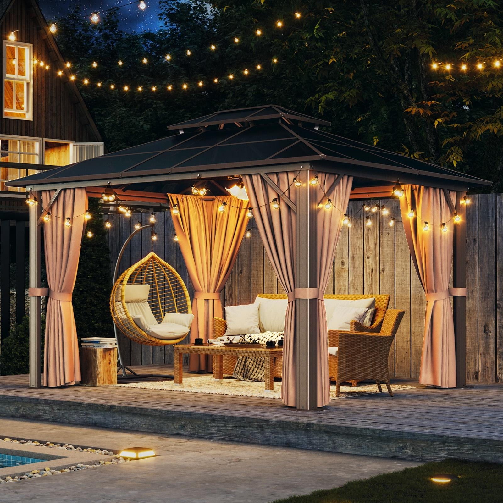 Mazonvintage 10 ft. x 12 ft. Hardtop Gazebo, Double Polycarbonate Roof Aluminum Frame Gazebo W/Curtain and Netting, Brown