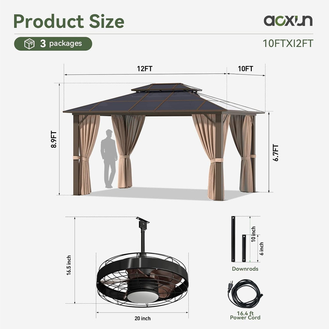 Mazonvintage 10'x12' Hardtop Gazebo, Aluminum Frame Permanent Pavilion, Outdoor Polycarbonate Gazebo, Double Roof Canopy, and 20” Outdoor Fan Lights