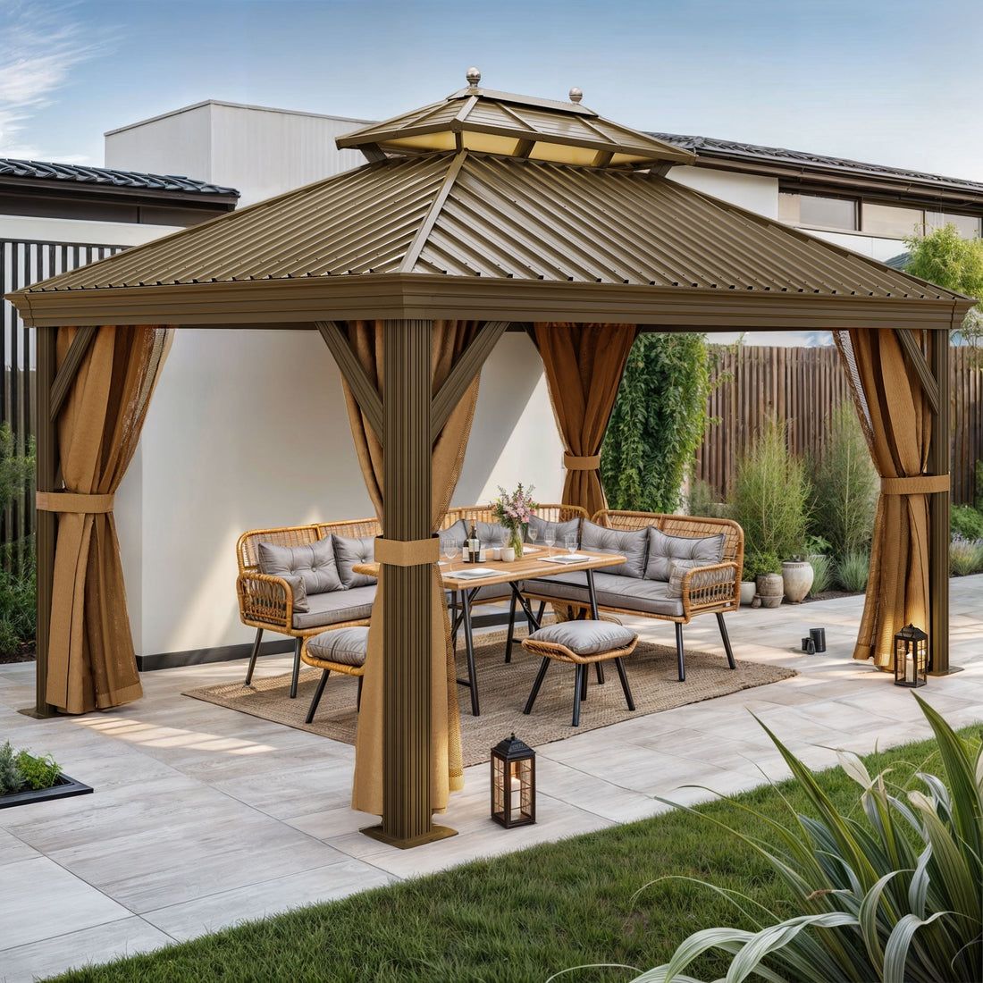 Mazonvintage 12' x 14'  Outdoor Hardtop Gazebo with Netting & Shaded Curtains, Heavy Duty Double Roof Galvanized Steel Garden Tent for Patio, Mazonvintage, Bronze