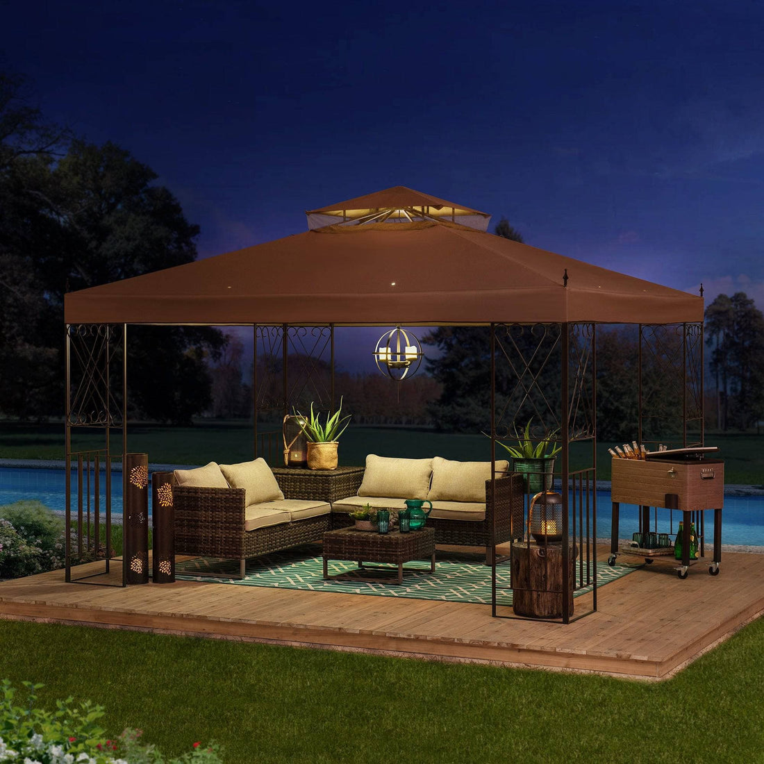 Mazonvintage 10x12 Steel Frame 2-Tier Soft Top Gazebo with Ceiling Hook