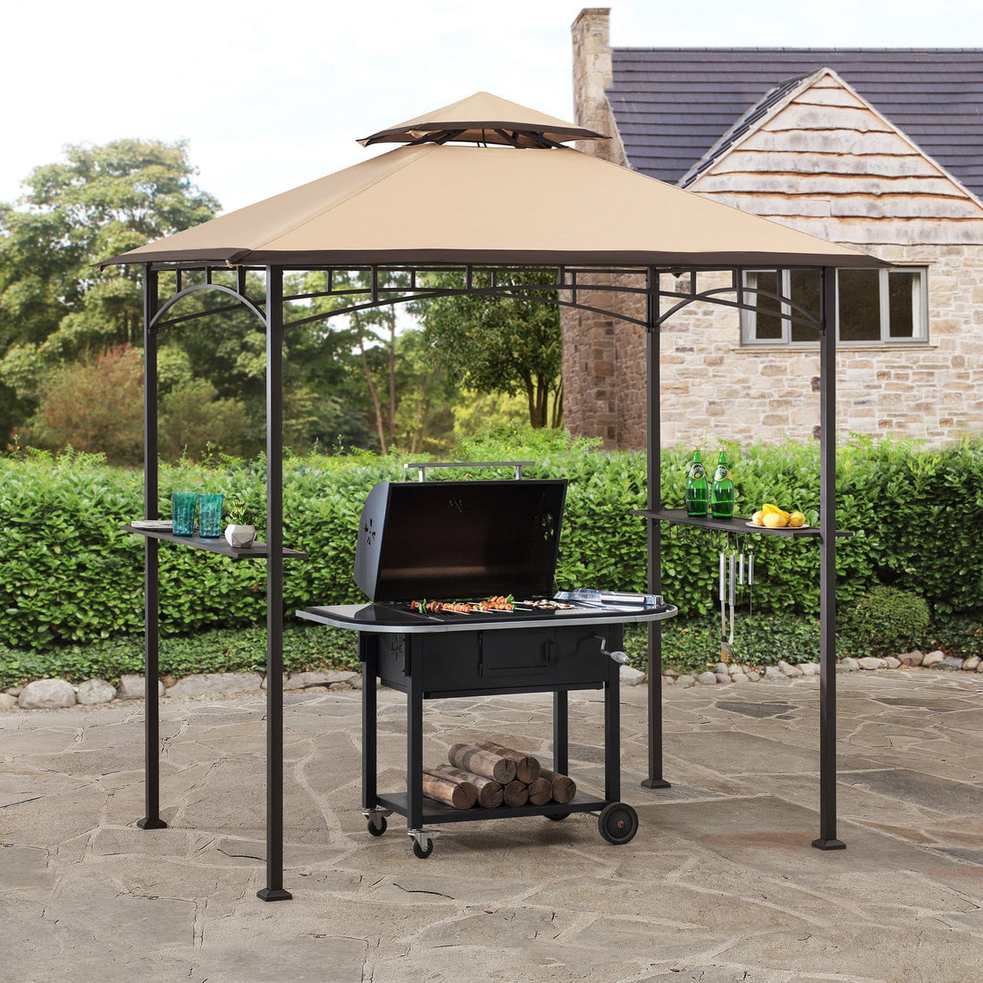 Mazonvintage 5x8 BBQ Grill Gazebo with Bar Shelves and Hooks - Tan & Brown