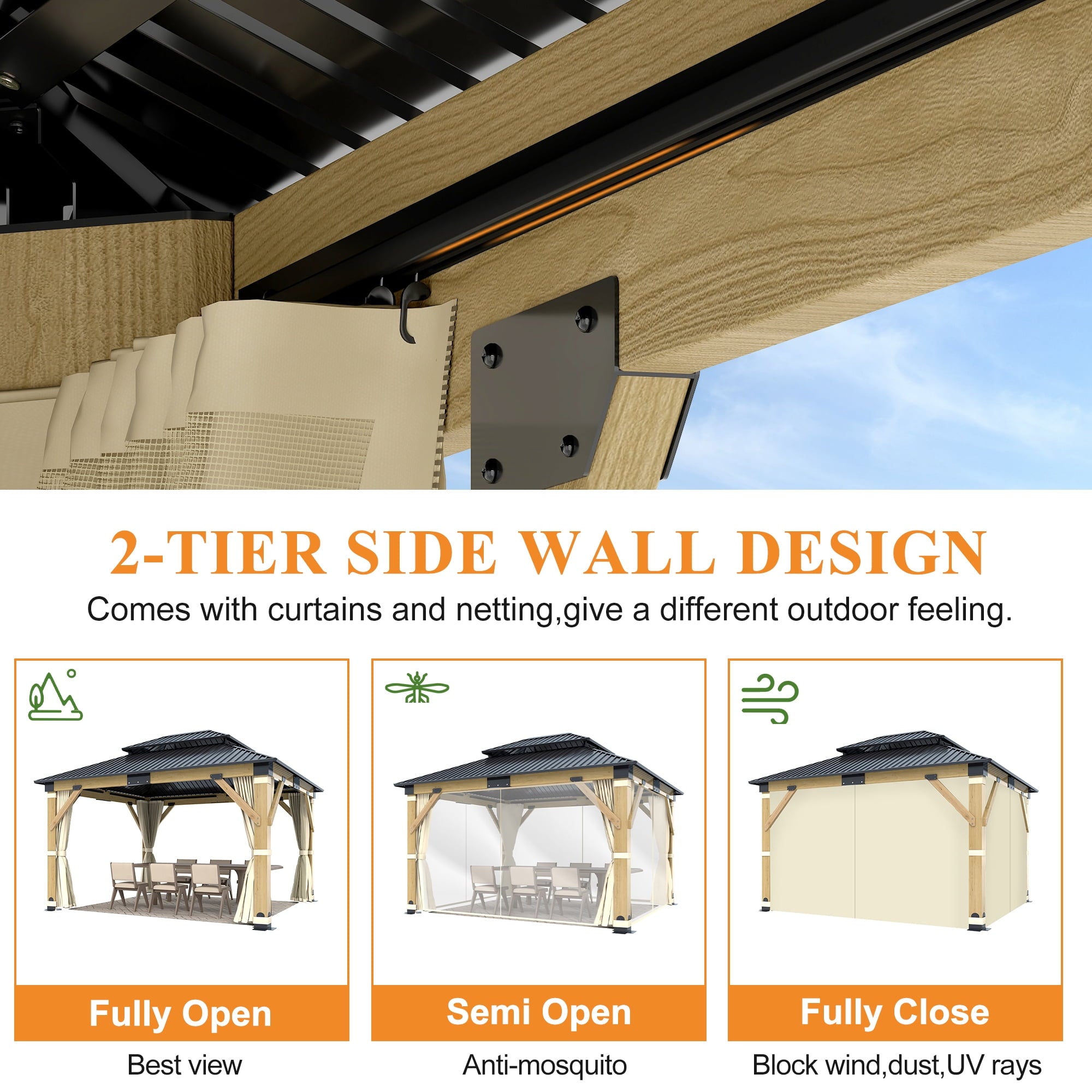Mazonvintage 11 x 13 ft. Patio Cedar Wood Gazebo, Double Metal Roof Mazonvintage Wooden Gazebos with Curtains and Netting for Mazonvintage, Deck, Lawns