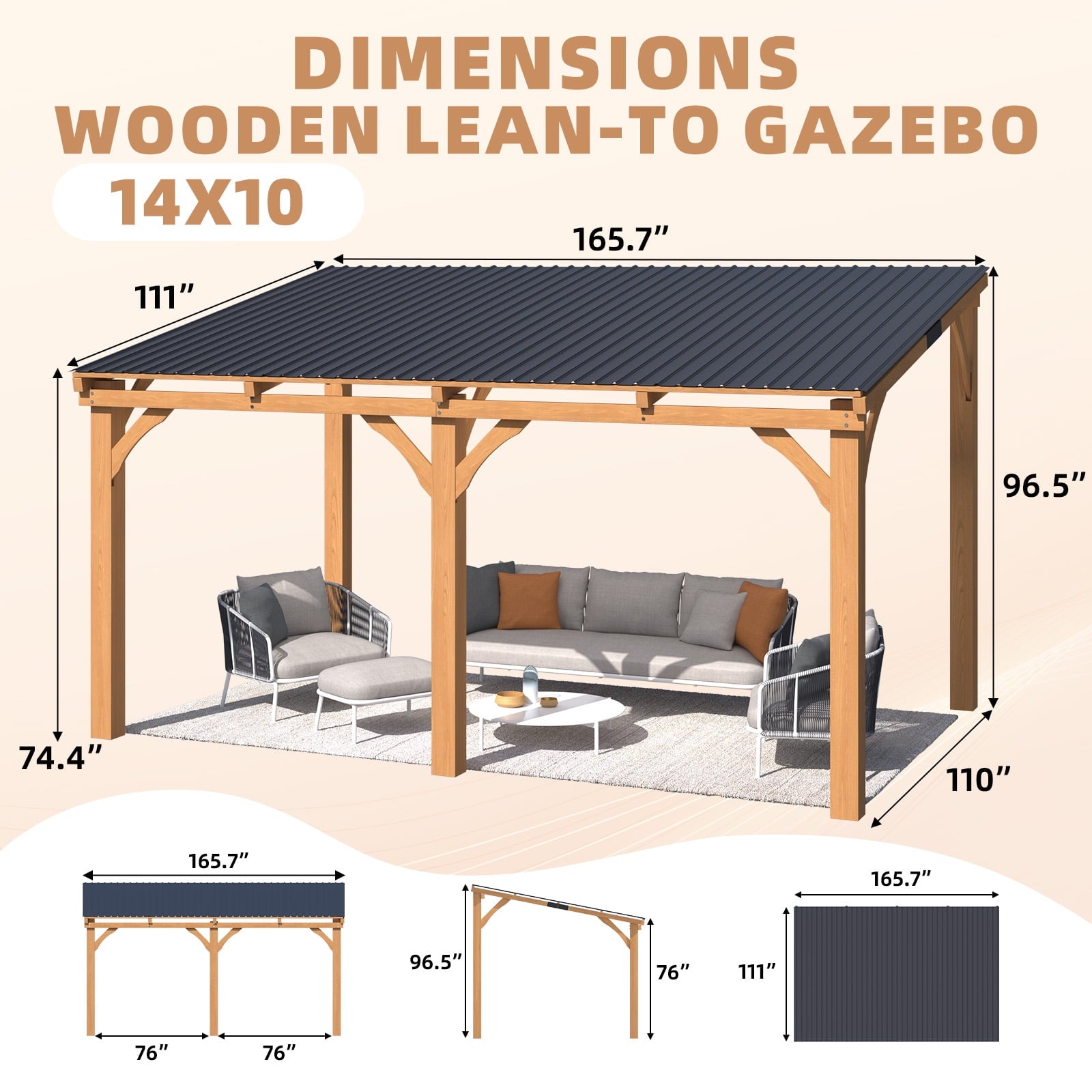 Mazonvintage 10' x 14' Wood Gazebo, Outdoor Heavy Duty Wooden Pergola on Clearance, Patio Lean to Mazonvintage Awnings