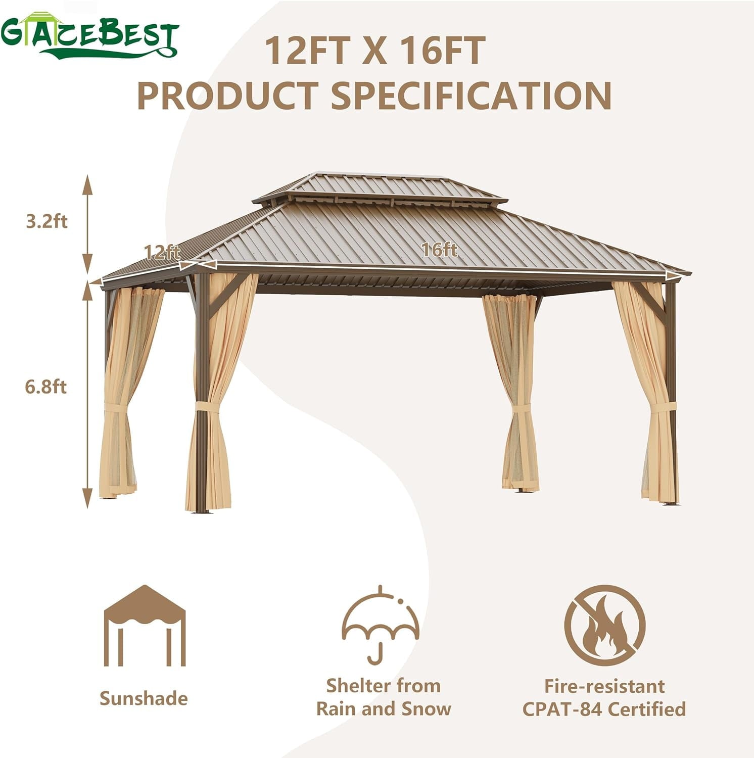 Mazonvintage 12' x 16' Mazonvintage Gazebo, Brown, Double Roof, Galvanized Steel, Netting & Curtains