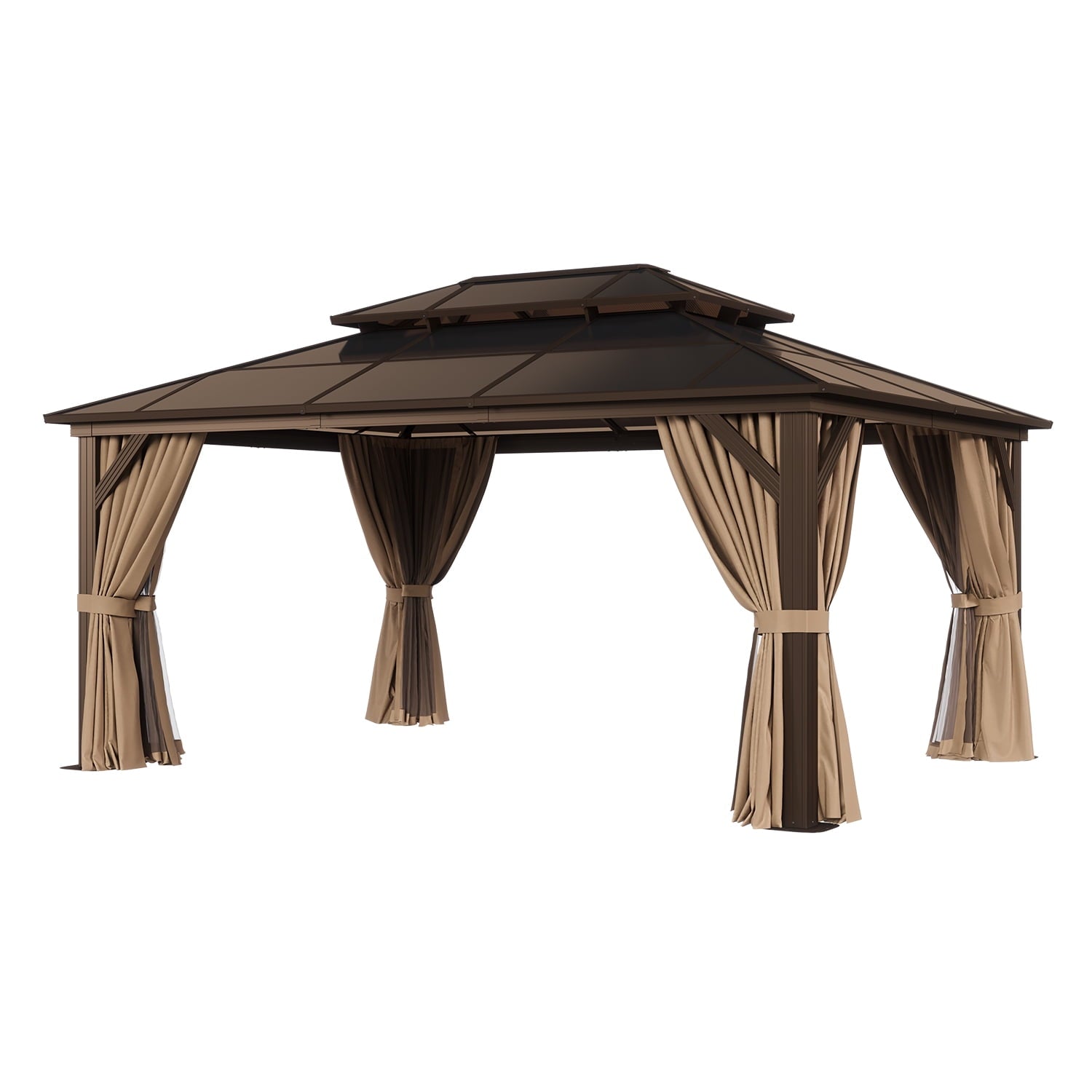 Mazonvintage 12' x 16'Hardtop Gazebo,Polycarbonate Double Roof,Aluminum Frame with Curtains and Netting for Patio,Garden,Brown