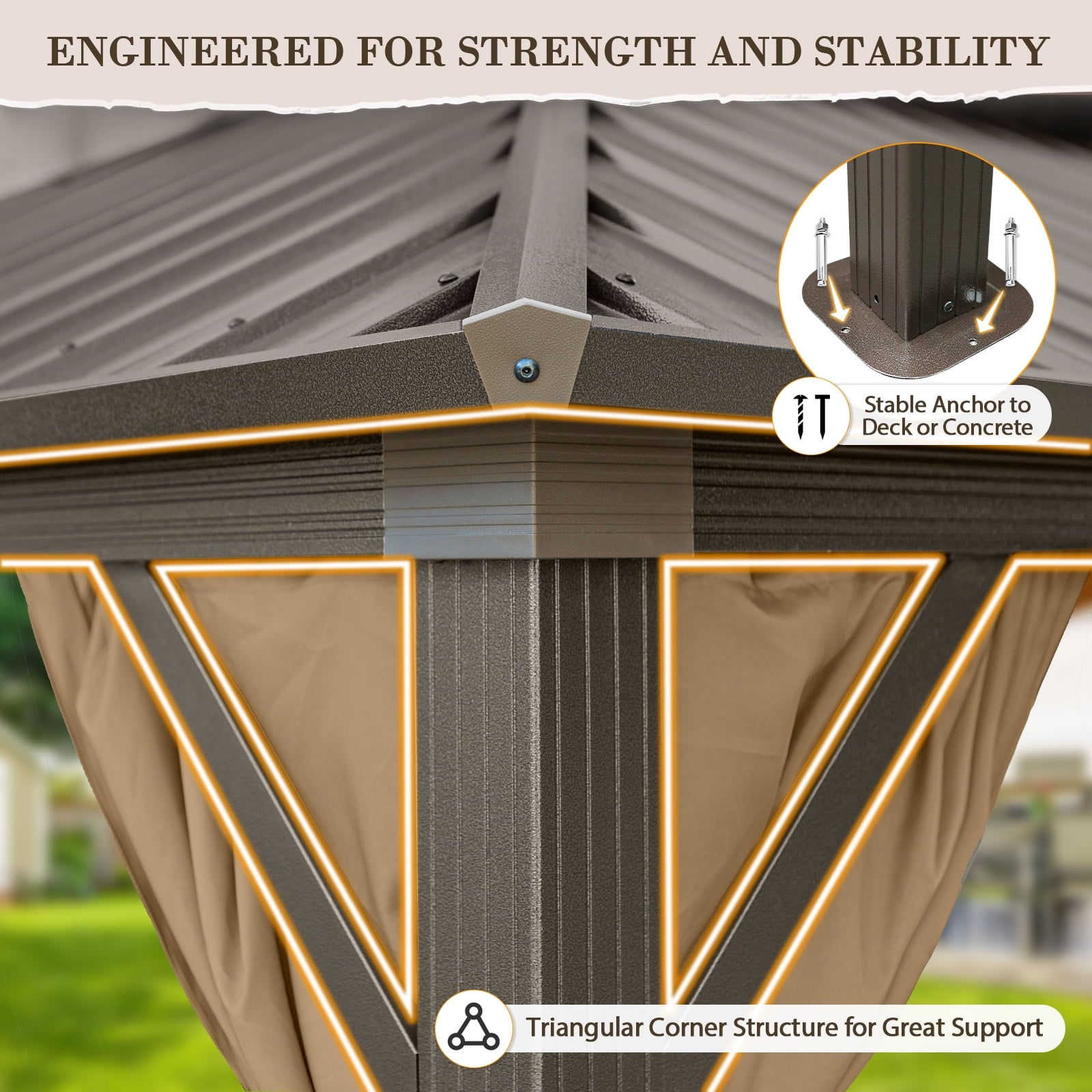 Mazonvintage PEAK 10'x 12' Outdoor Patio Hardtop Gazebo with Aluminum Frame, Galvanized Steel Double Roof with Netting and Curtains for Garden, Yard, Lawns, Brown