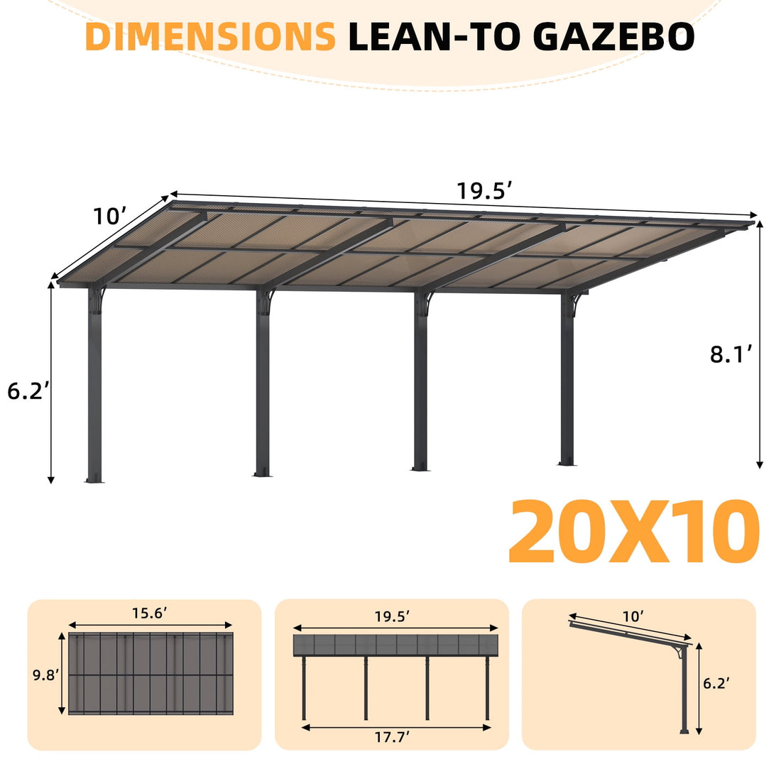 Mazonvintage 20' x 10' Gazebo, Outdoor Wall Mounted Mazonvintage Gazebo & Pergola with Aluminum Frame for Patio, Porch and Mazonvintage in Black