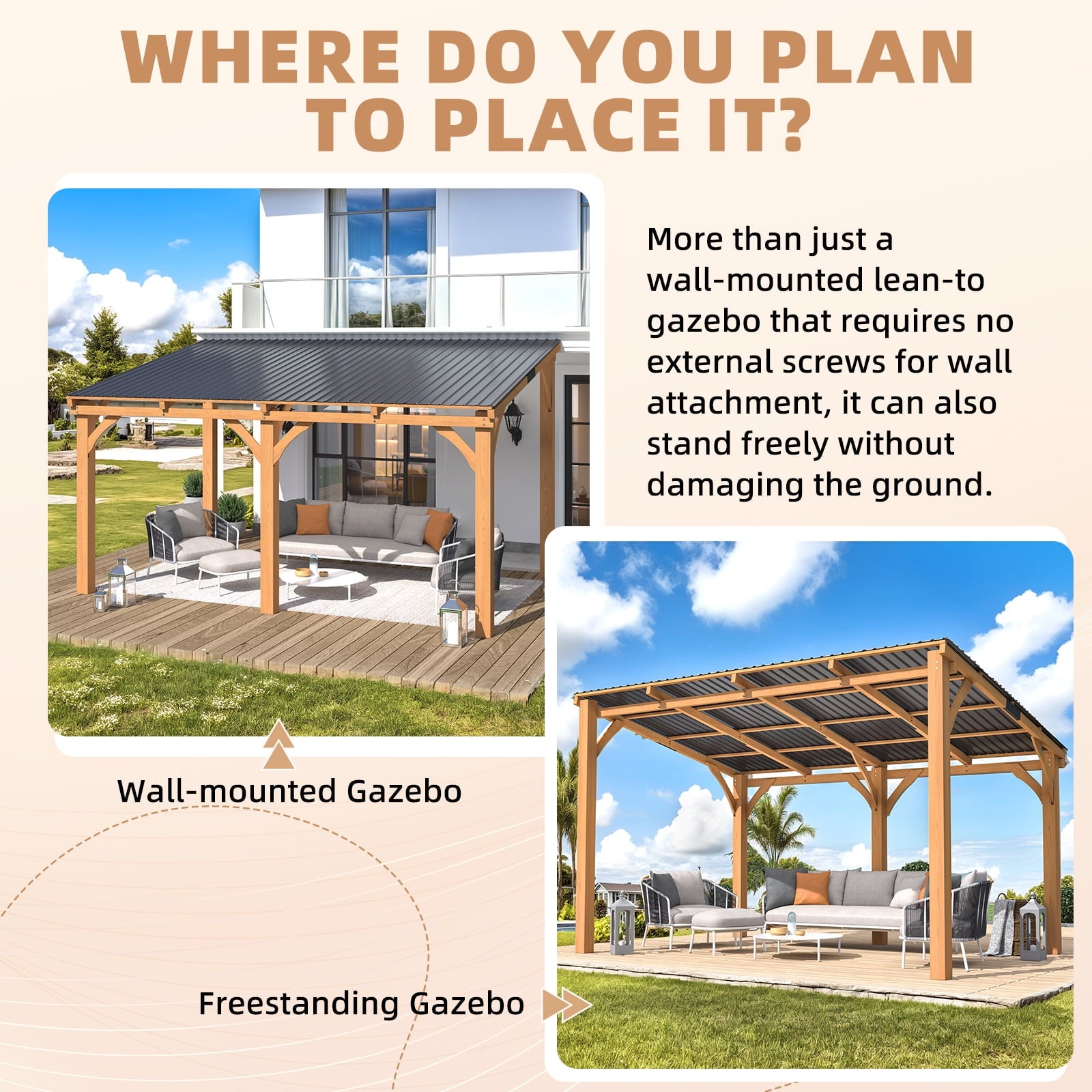 Mazonvintage 10' x 14' Wood Gazebo, Outdoor Heavy Duty Wooden Pergola on Clearance, Patio Lean to Mazonvintage Awnings
