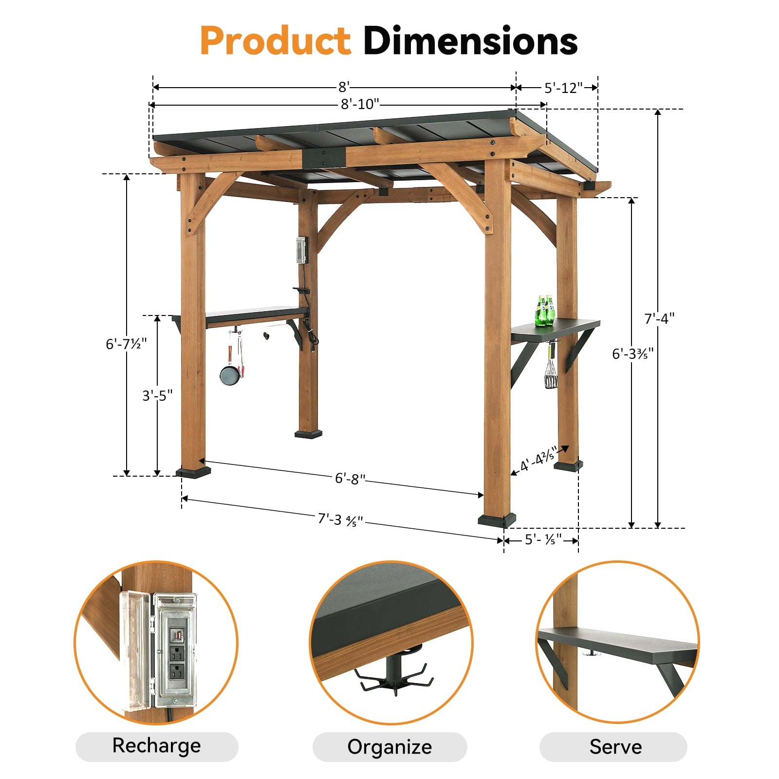 Mazonvintage Shade Grill Gazebo 6' X 8', Cedar Wood Gazebo with Shelves and Paper Towel Holder, Patio Gazebo with Galvanized Steel Roof, USB and USB-C Charging Ports, BBQ Gazebo for Patio Backyard