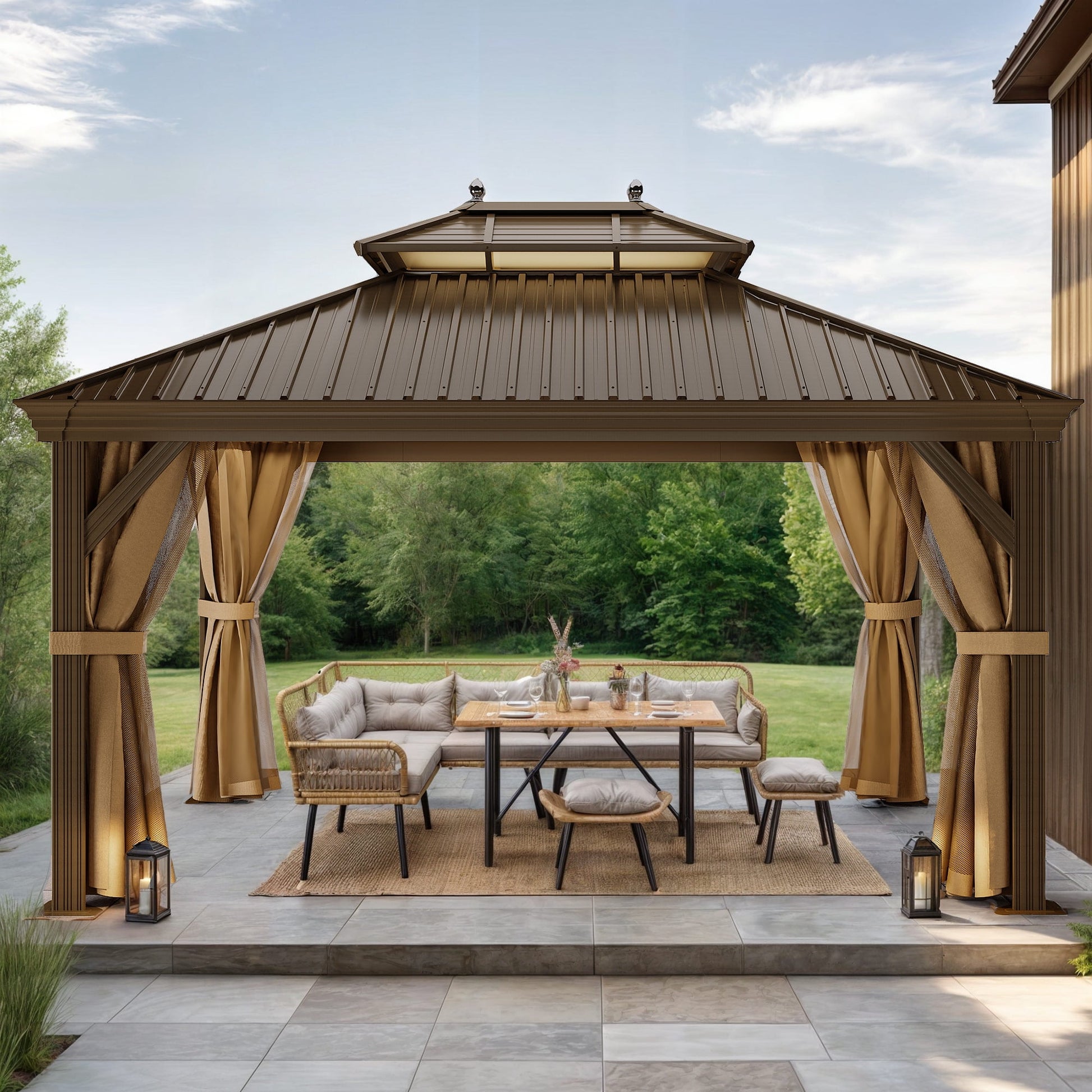 Mazonvintage 12' x 14'  Mazonvintage Gazebo with Netting & Curtains, Heavy Duty Double Roof Galvanized Steel Garden Tent for Patio, Mazonvintage, Bronze