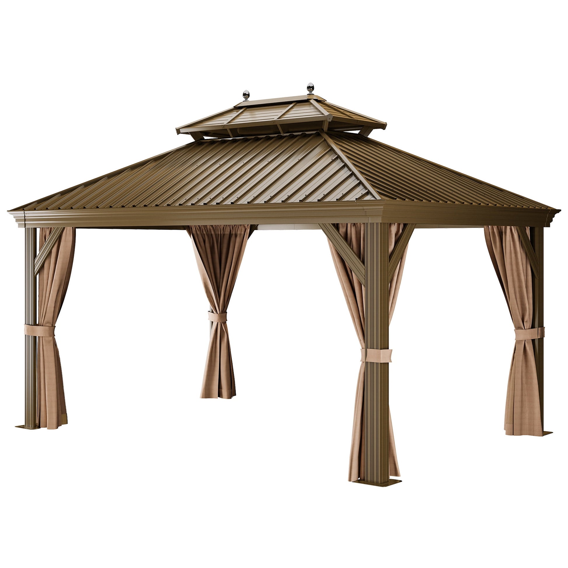 Mazonvintage 12' x 14'  Outdoor Hardtop Gazebo with Netting & Shaded Curtains, Heavy Duty Double Roof Galvanized Steel Garden Tent for Patio, Mazonvintage, Bronze