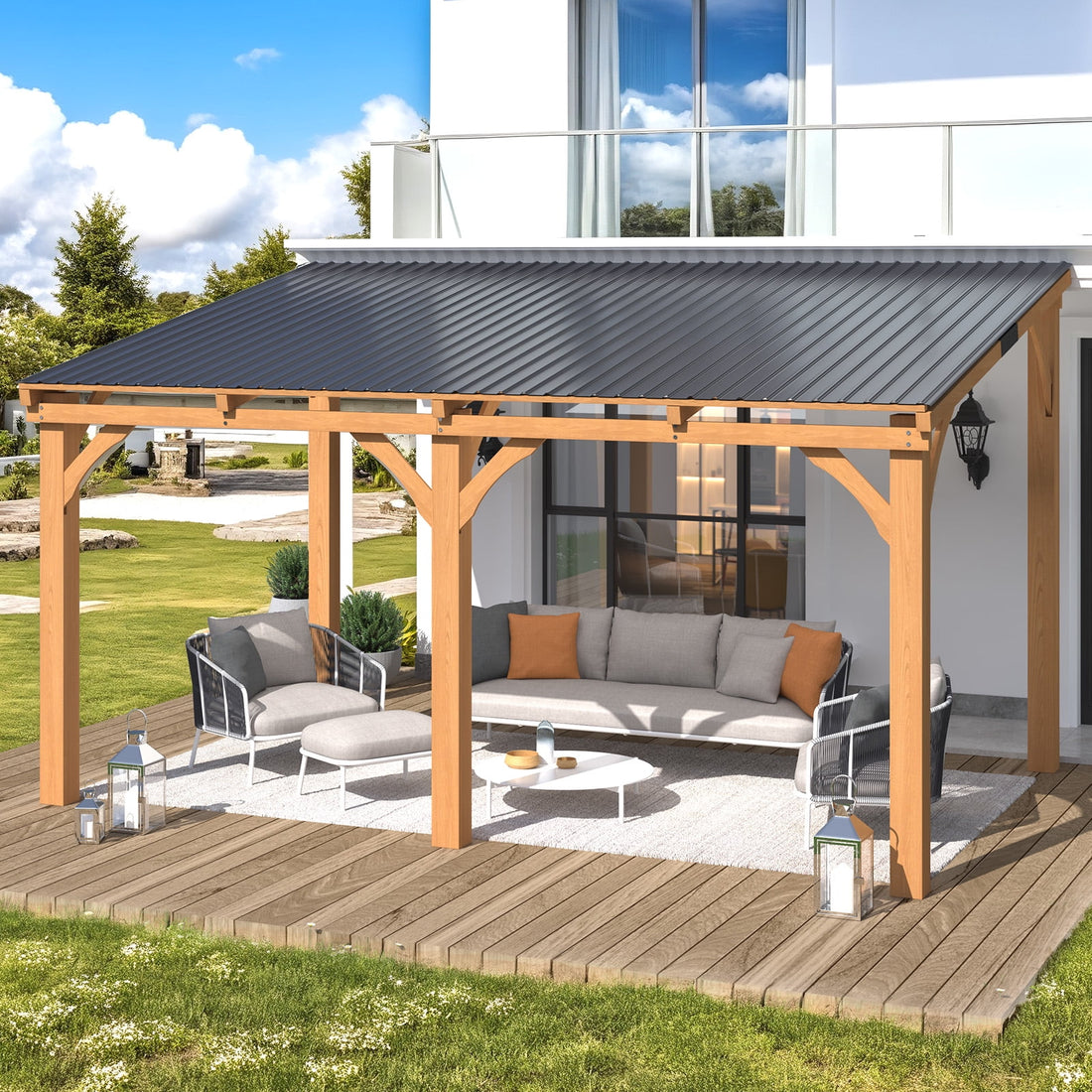 Mazonvintage 10' x 14' Wood Gazebo, Outdoor Heavy Duty Wooden Pergola on Clearance, Patio Lean to Mazonvintage Awnings