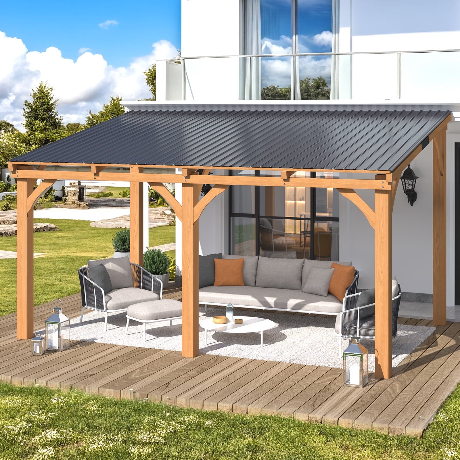 Mazonvintage 10' x 14' Wood Gazebo, Outdoor Heavy Duty Wooden Pergola on Clearance, Patio Lean to Mazonvintage Awnings