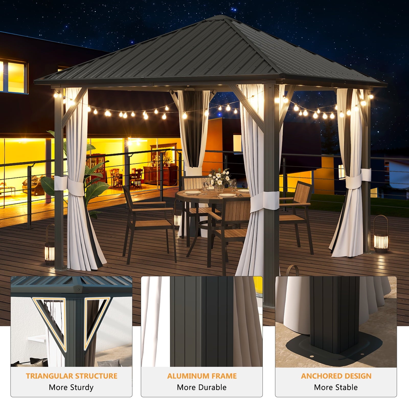 Mazonvintage 10x 10 Hardtop Gazebo, Outdoor Aluminum Frame Canopy with Netting and Curtain for Garden, Patio, Lawns, Gray