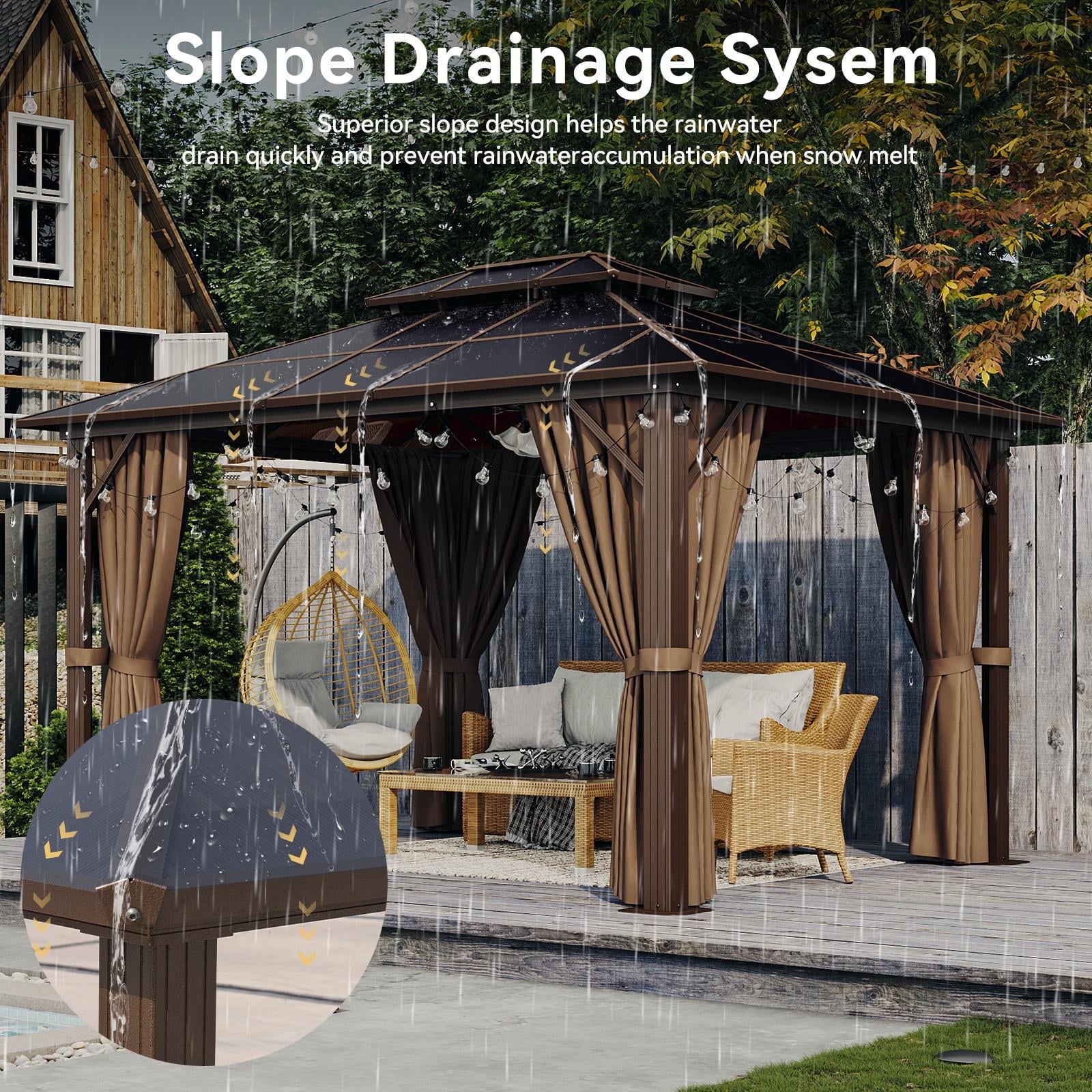 Mazonvintage 10 ft. x 12 ft. Hardtop Gazebo, Double Polycarbonate Roof Aluminum Frame Gazebo W/Curtain and Netting, Brown