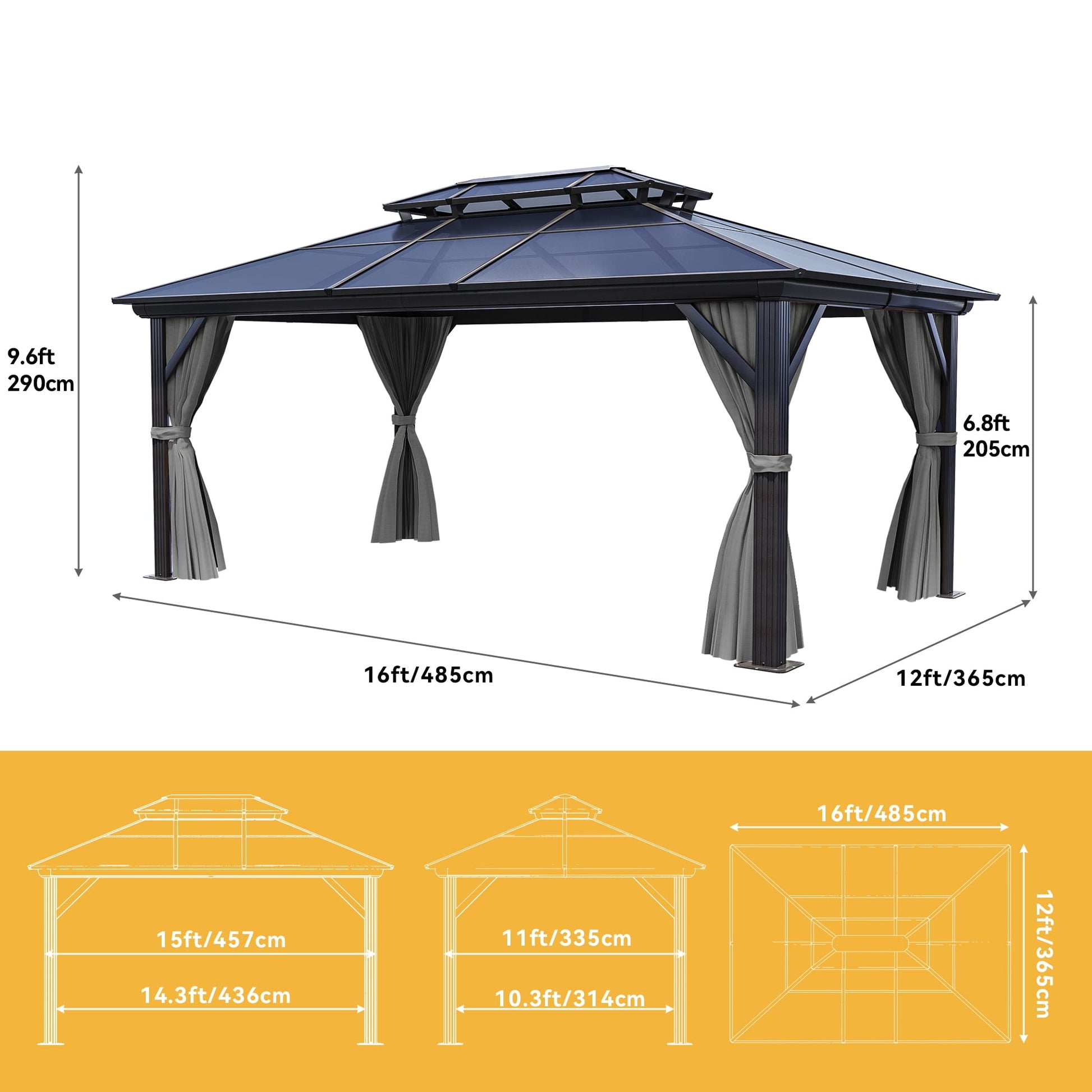 Mazonvintage 12x16FT Double Roof Gazebo Canopy, Outdoor Gazebo with Netting and Shaded Curtains, Aluminum Frame Hardtop Garden Tent for Patio, Mazonvintage and Lawns, Grey Curtain