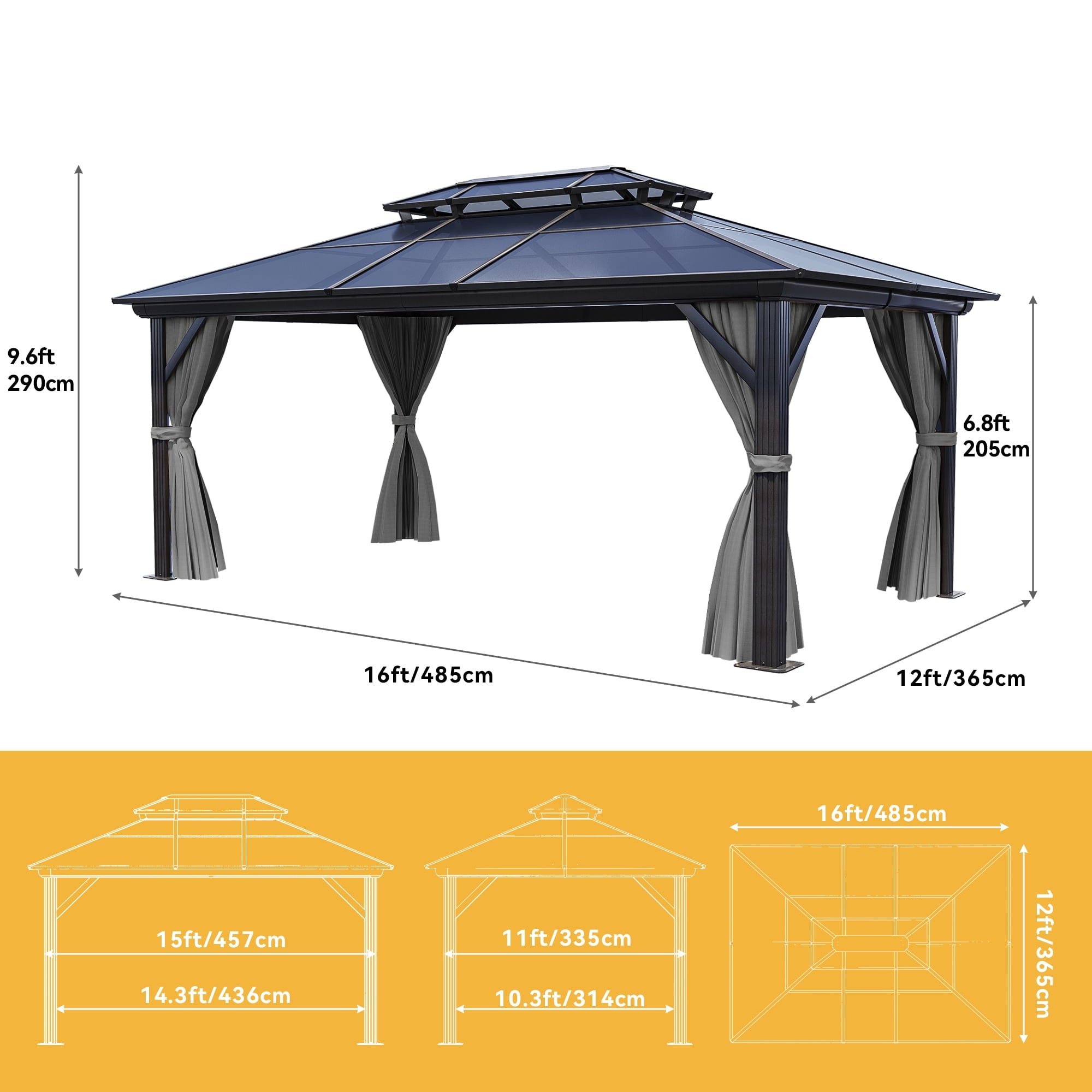 Mazonvintage 12x16FT Double Roof Gazebo Canopy, Outdoor Gazebo with Netting and Shaded Curtains, Aluminum Frame Hardtop Garden Tent for Patio, Mazonvintage and Lawns, Grey Curtain
