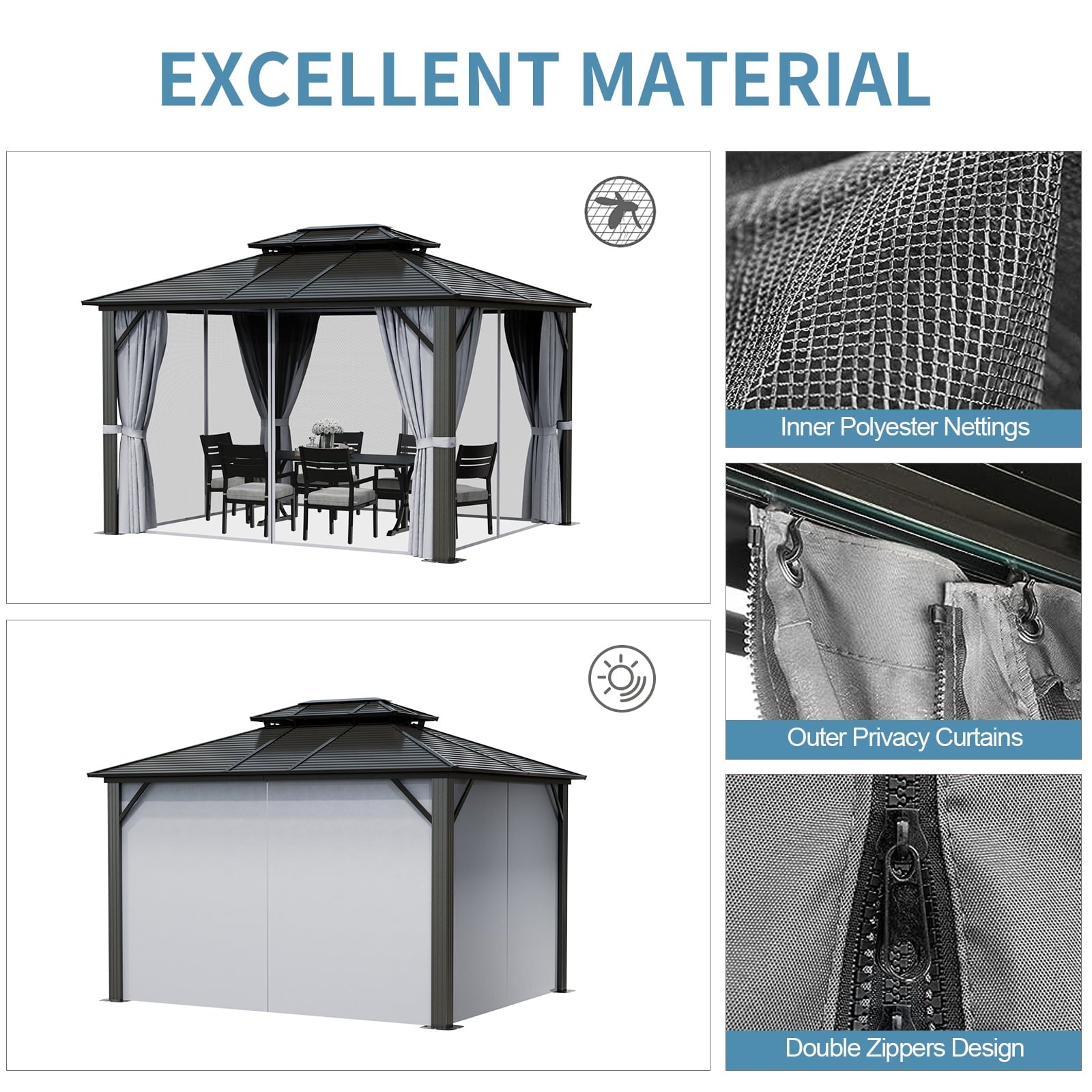 Mazonvintage 10 ft. x 12 ft. Outdoor Hardtop Gazebo, Galvanized Steel Double Roof Gazebo with Curtain and Netting, Gray