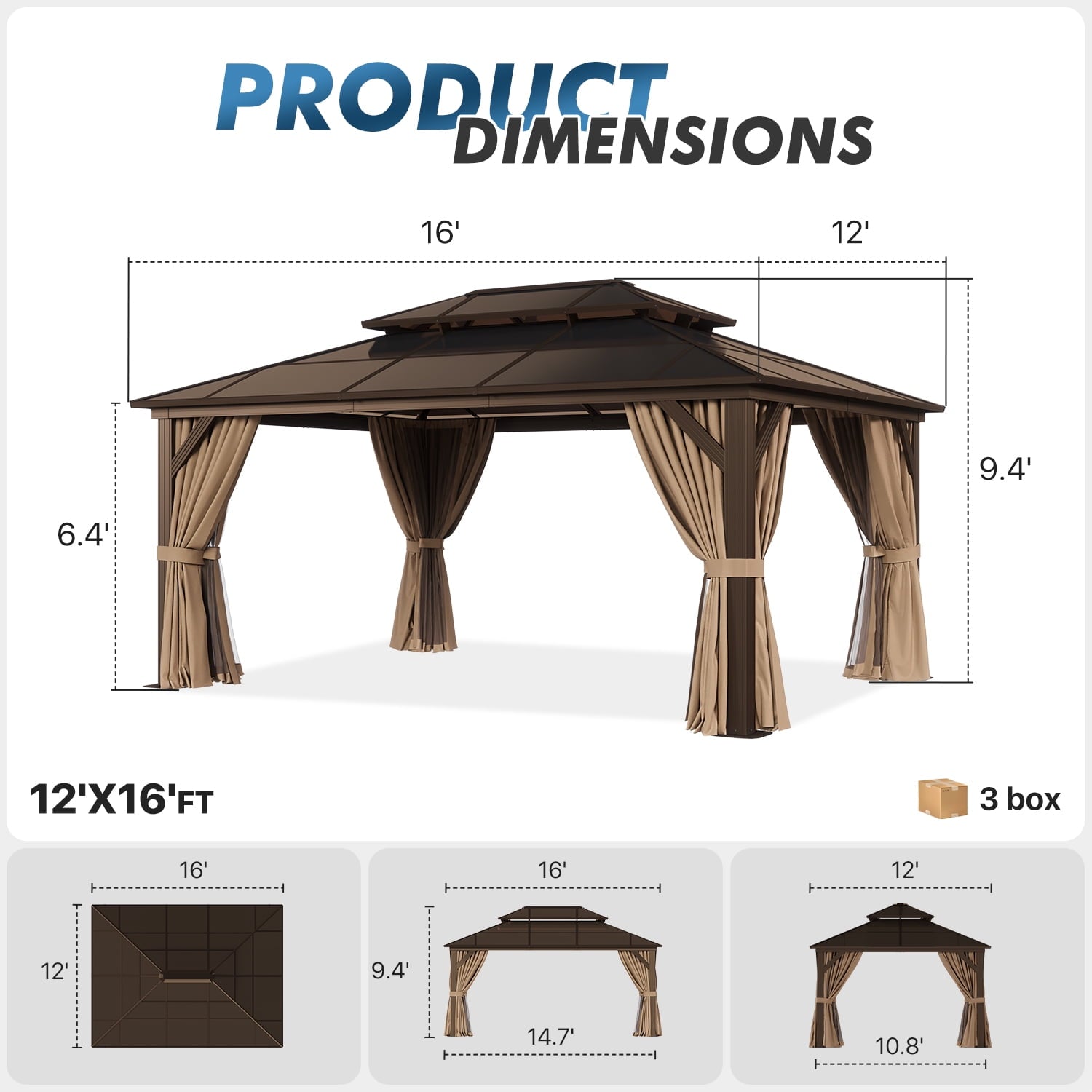 Mazonvintage 12' x 16'Hardtop Gazebo,Polycarbonate Double Roof,Aluminum Frame with Curtains and Netting for Patio,Garden,Brown