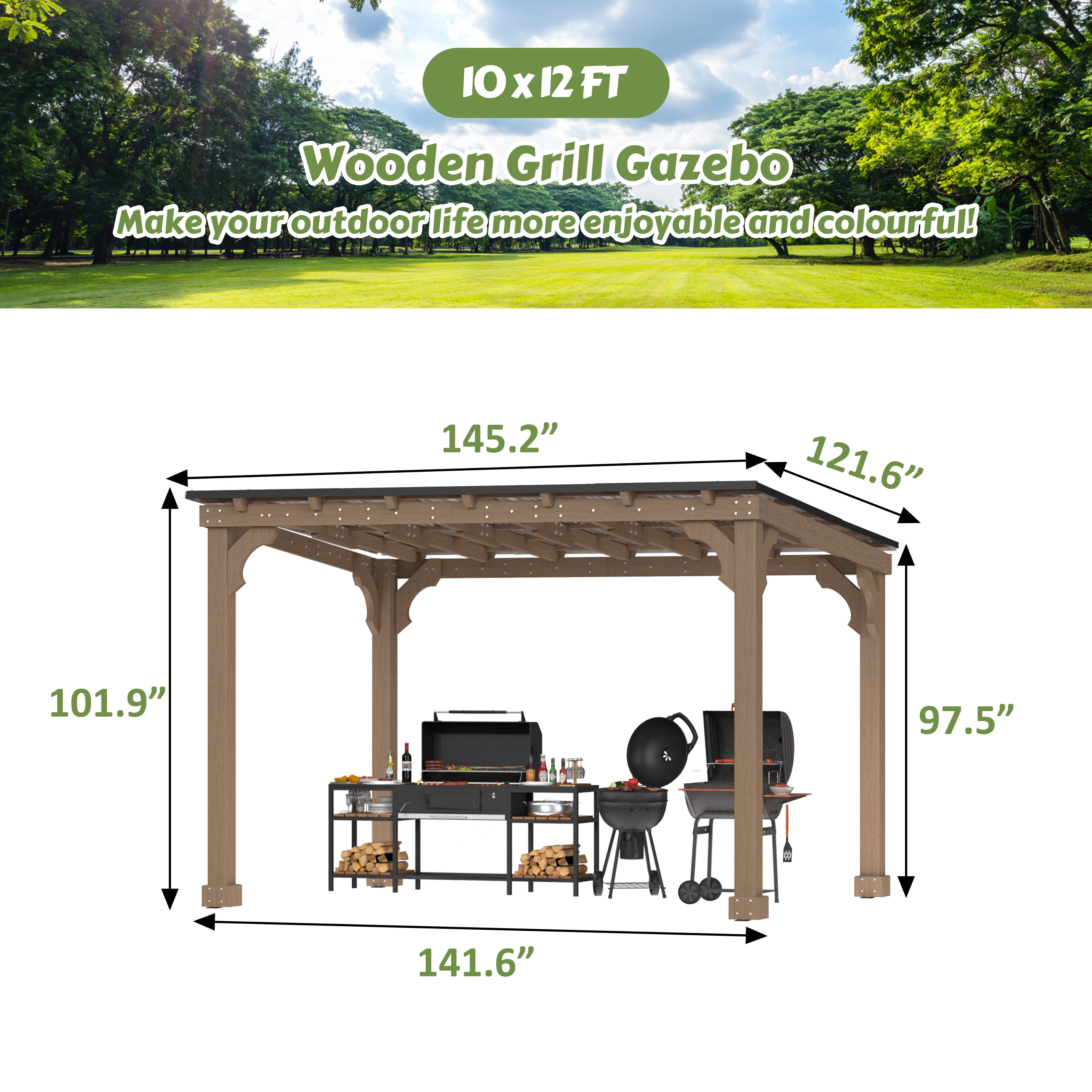 Mazonvintage 10'x 12' Outdoor Wooden Grill Gazebo, Heavy Duty BBQ Pergola for Deck, Garden and Patio