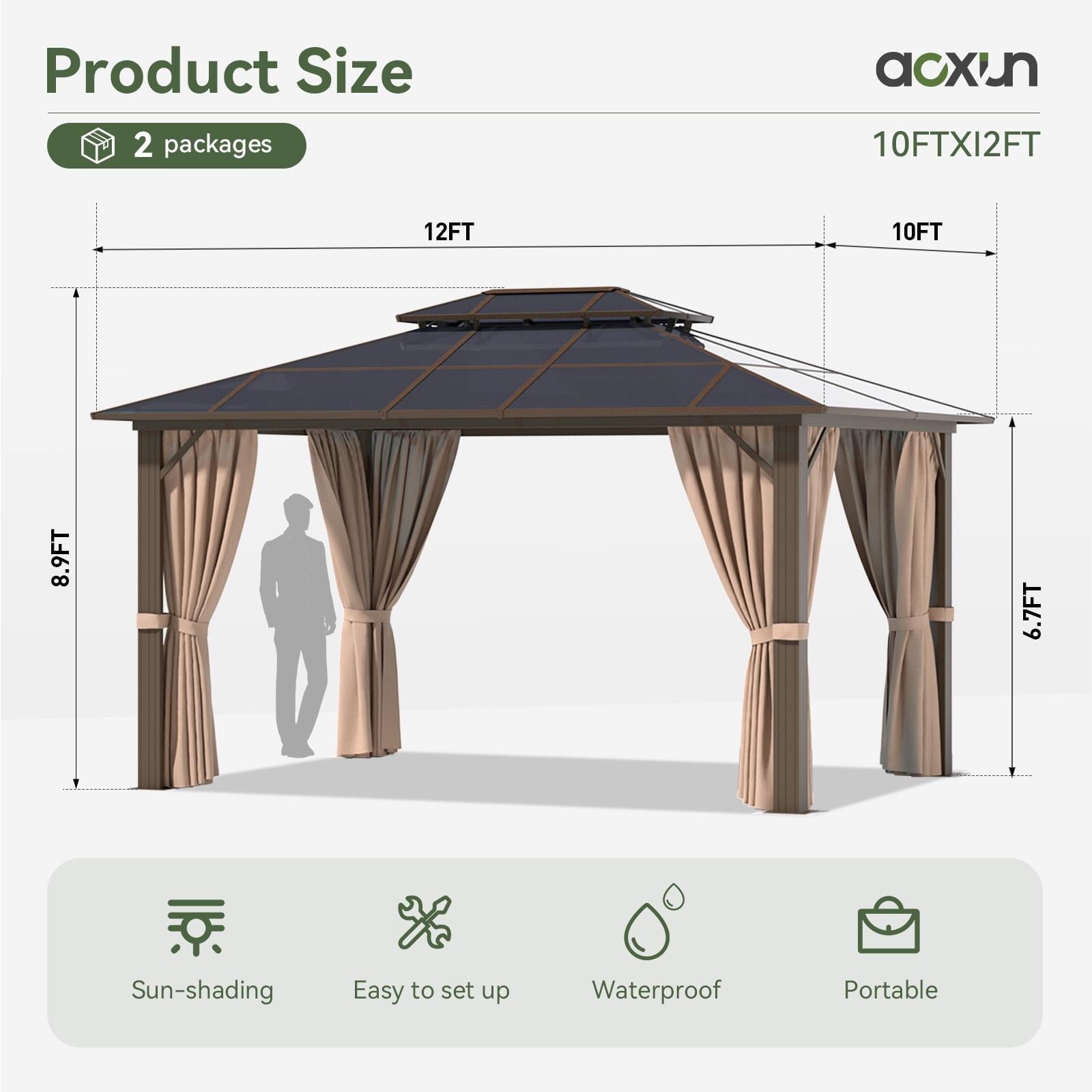 Mazonvintage 10 ft. x 12 ft. Hardtop Gazebo, Double Polycarbonate Roof Aluminum Frame Gazebo W/Curtain and Netting, Brown