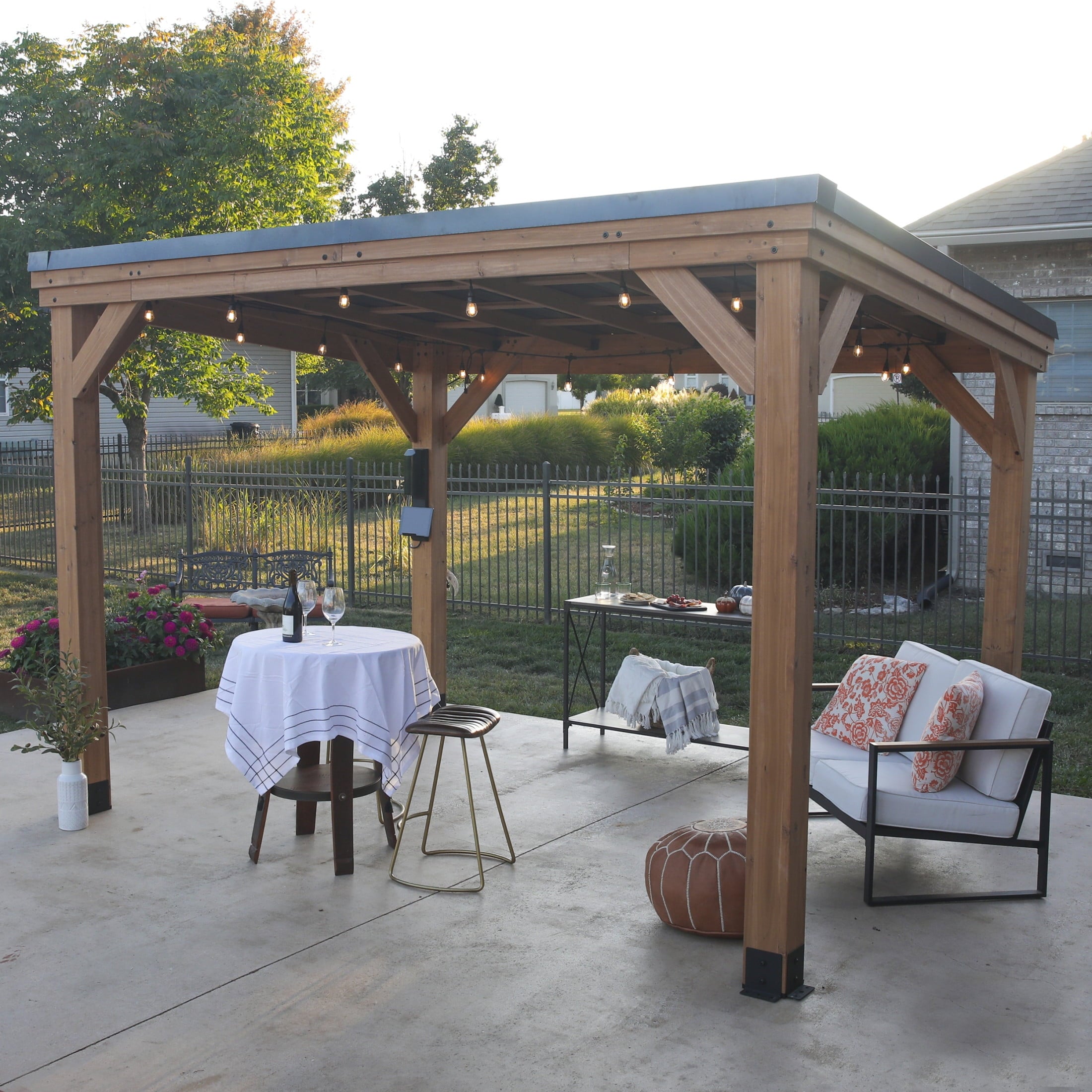 MazonvintageArcadia 12'x9.5' Cedar Wood Gazebo, Galvanized Steel Roof, PowerPort