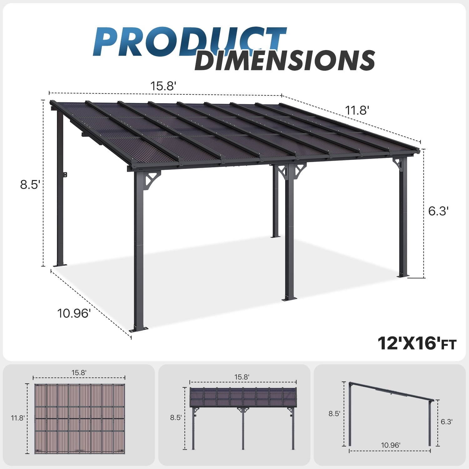 Mazonvintage 12'x16' Hardtop Gazebo, Gazebo Pergola with Sloped Roof, Large Wall-Mounted Heavy Duty Awnings, for Patio, Deck and Mazonvintage