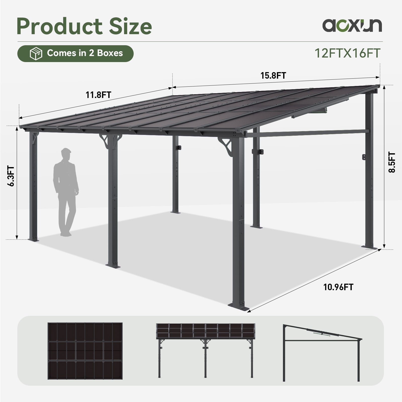 Mazonvintage 12' x 16' Gazebo for Patio, Large Wall-Mounted Heavy Duty Awnings, Gazebo Pergola with Sloped Roof, for Backyard, Deck, Patio