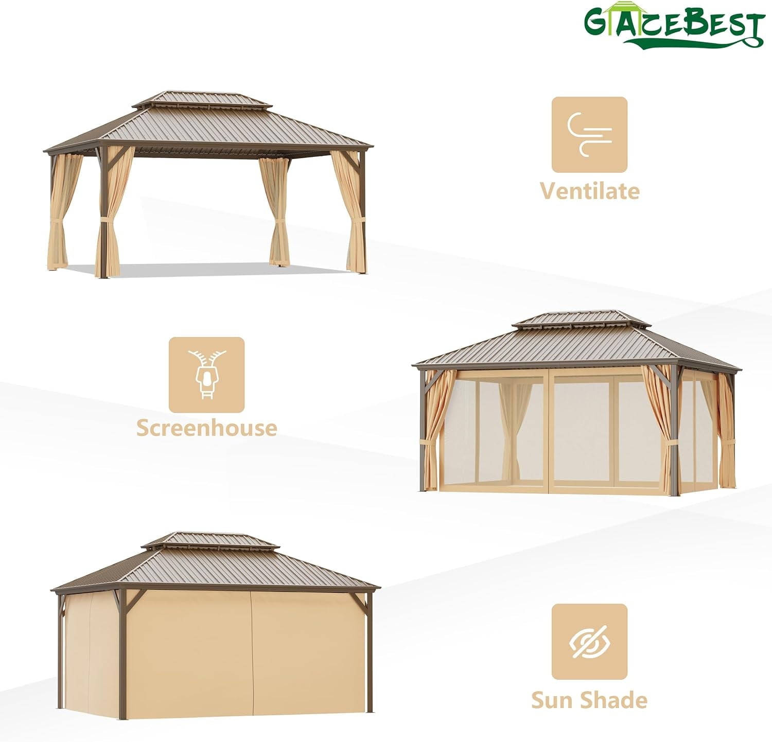 Mazonvintage 12' x 16' Mazonvintage Gazebo, Brown, Double Roof, Galvanized Steel, Netting & Curtains