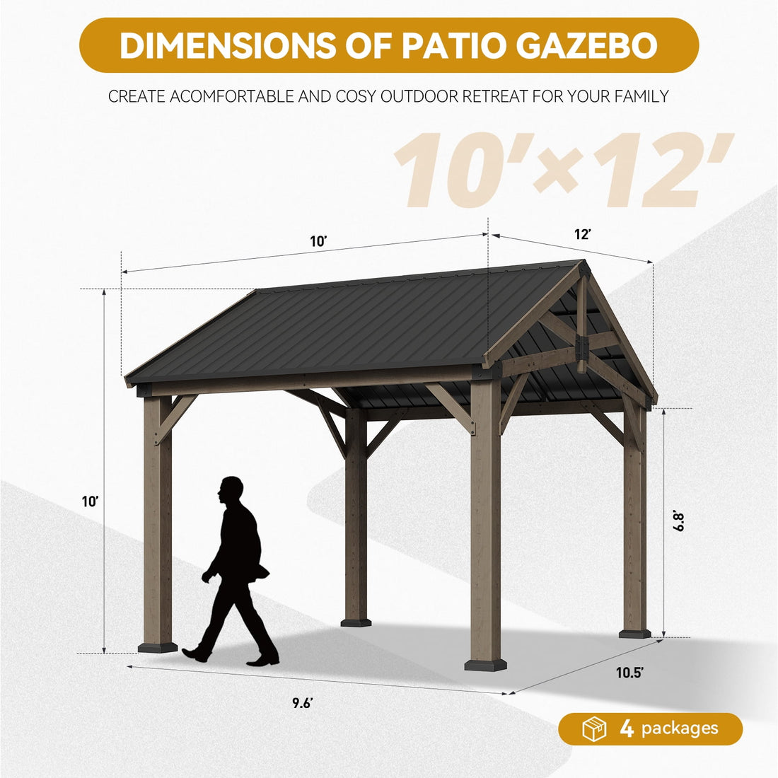 Mazonvintage 10' x 12' Outdoor Wood Frame Gazebo, Hardtop Gazebo with Galvanized Steel, Permanent Wooden Pavilion for Patio Backyard Lawn Garden