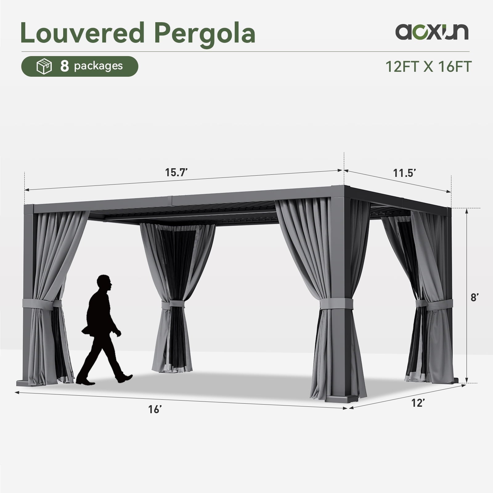 Mazonvintage Louvered Pergola 12' x 16' Outdoor Aluminum Pergola with Adjustable Top for Decks, Gardens and Backyards, Gray
