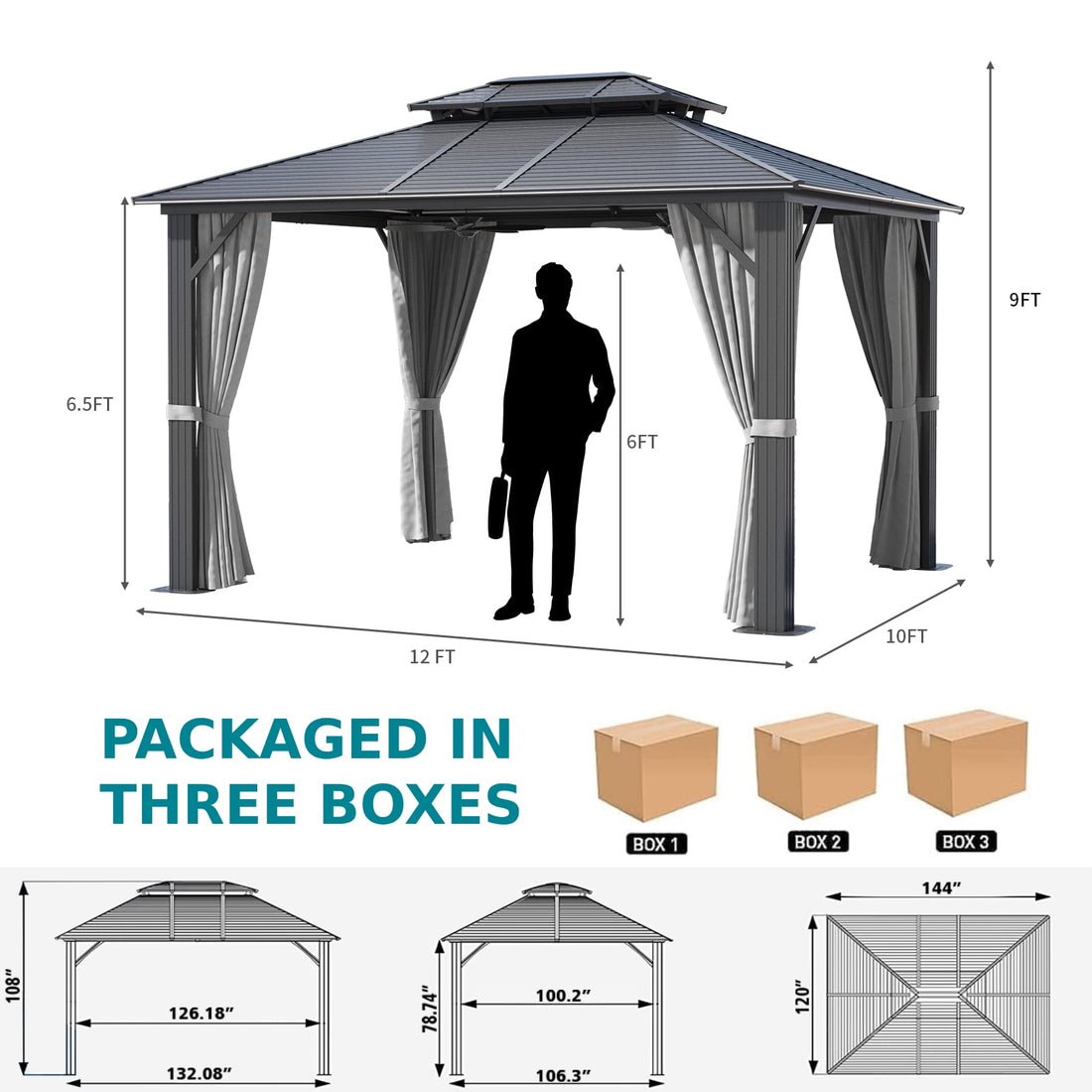 Mazonvintage 10 ft. x 12 ft. Outdoor Hardtop Gazebo, Galvanized Steel Double Roof Gazebo with Curtain and Netting, Gray