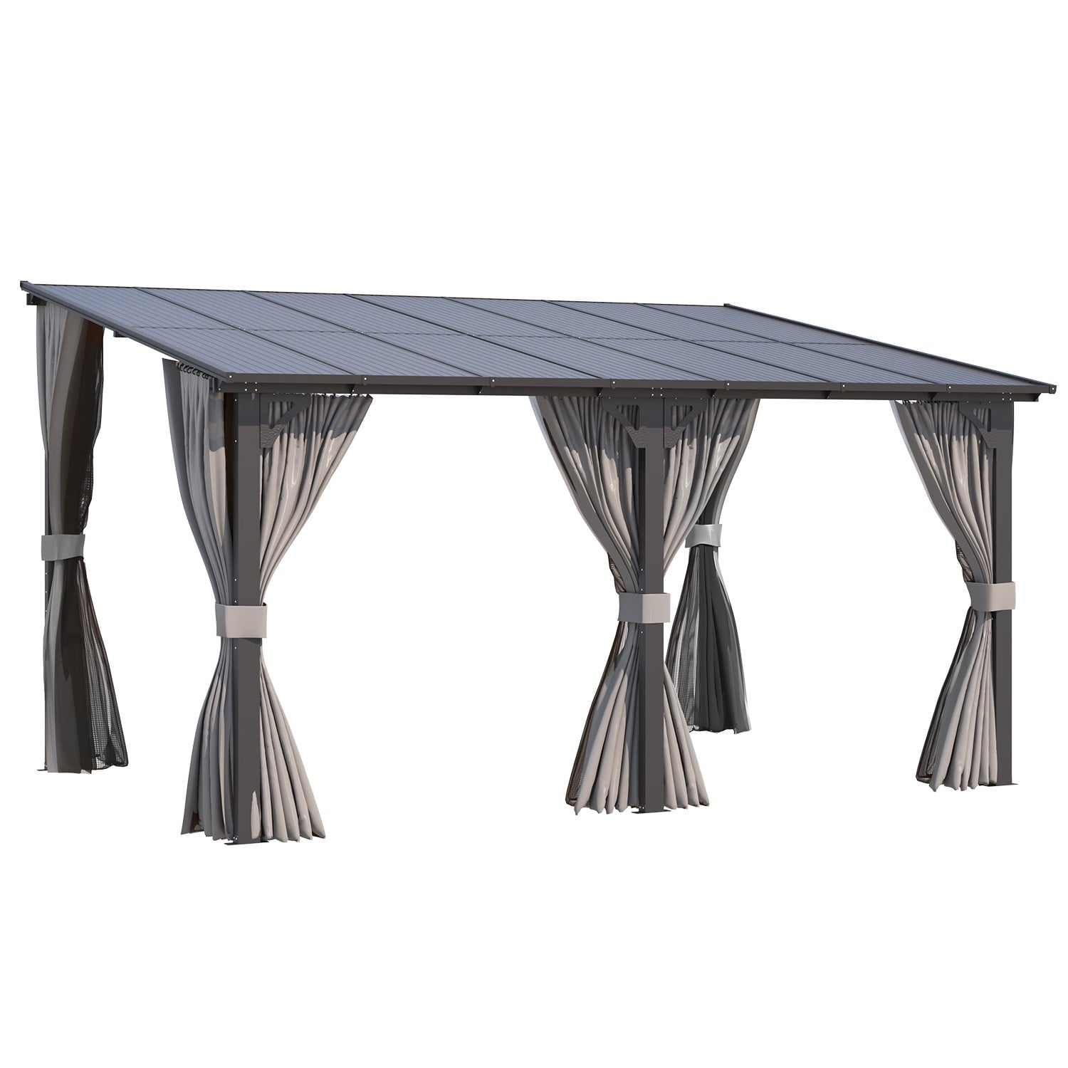 Mazonvintage 14' x 10' Lean to Gazebo with Netting and Curtain Outdoor Hardtop Gazebo Aluminum Metal Pergola ​For Garden, Patio, Backyard-​Dark ​Gray