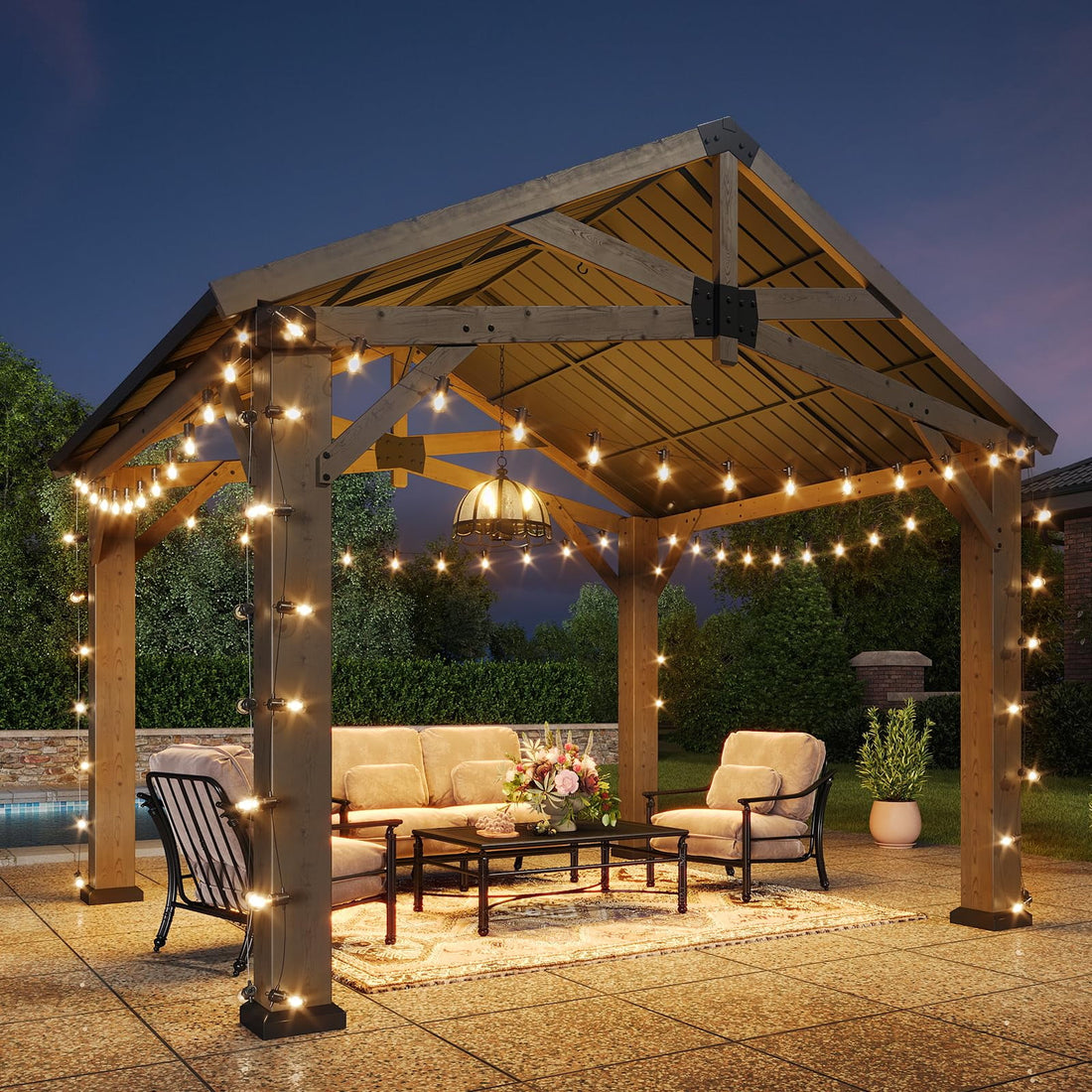 Mazonvintage 10' x 12' Outdoor Wood Gazebo, Hardtop Gazebo Permanent Wooden Pavilion with Galvanized Steel Gable Roof, for Patio, Garden, Deck, Cedar Wood