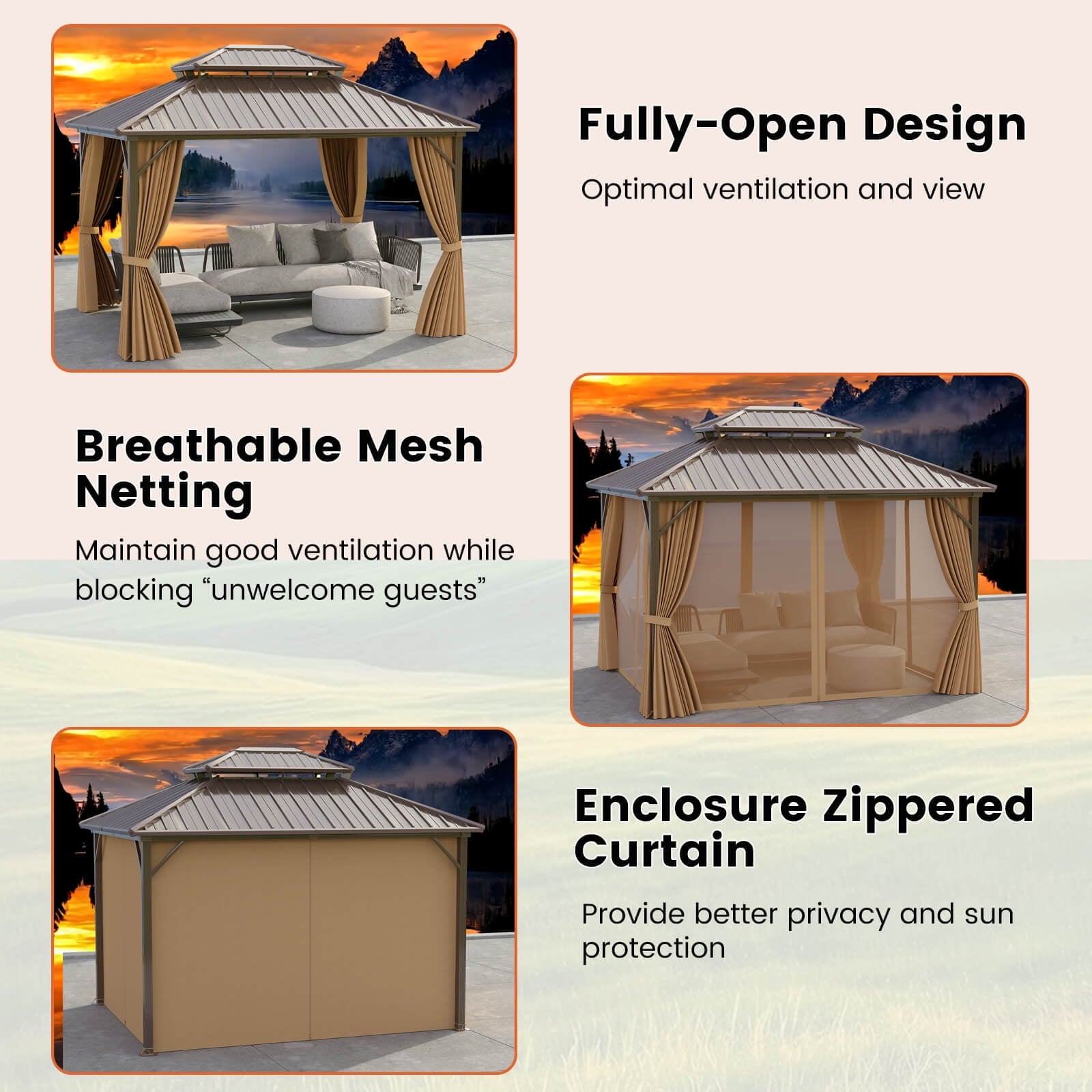 Mazonvintage 12 X 10 FT Mazonvintage Gazebo with  Netting Heavy-Duty Double-Roof Galvanized Metal Top